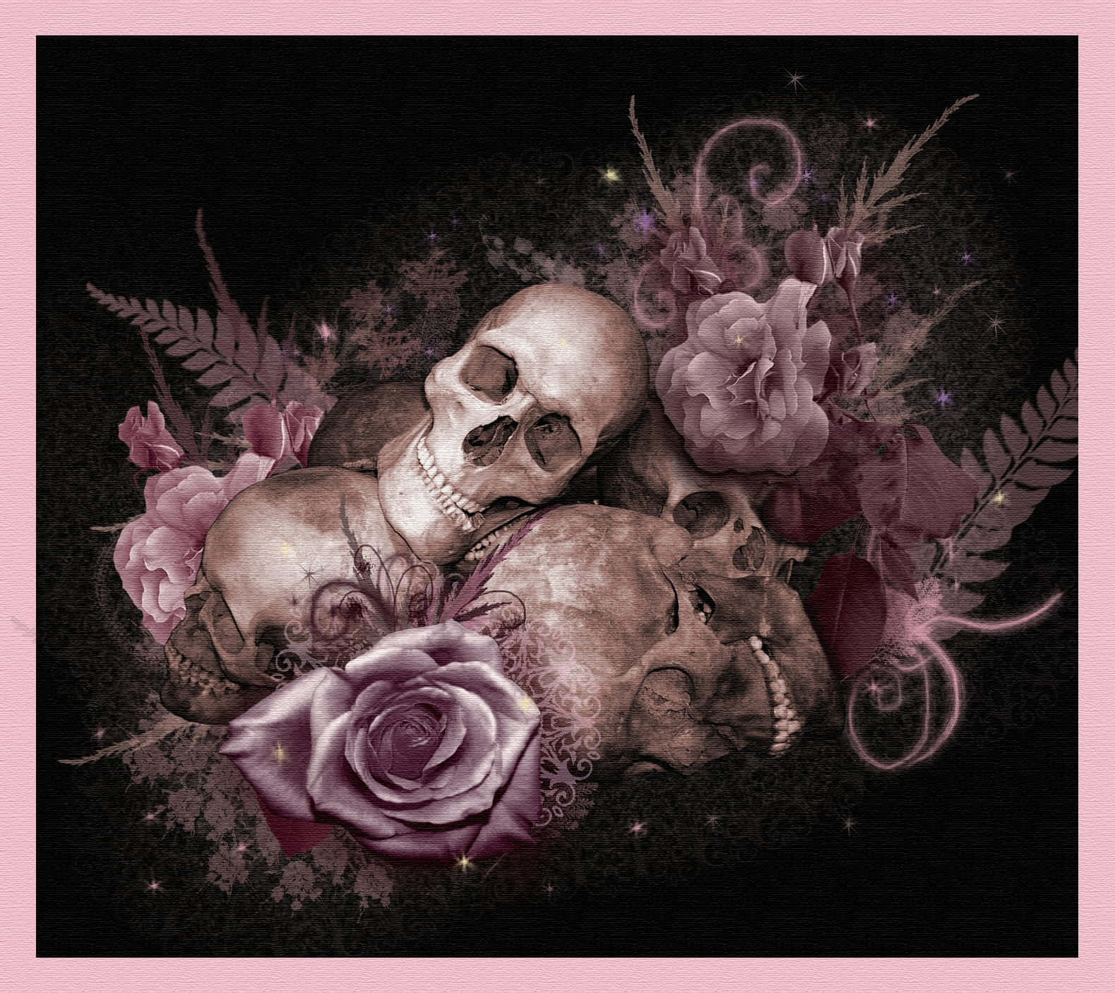 Skulls And Flowers 桌布 壁紙 — 骷髏頭與紫色玫瑰和蕨類植物纏繞，在繁星點點的黑暗背景中發光，帶有旋轉的裝飾元素。