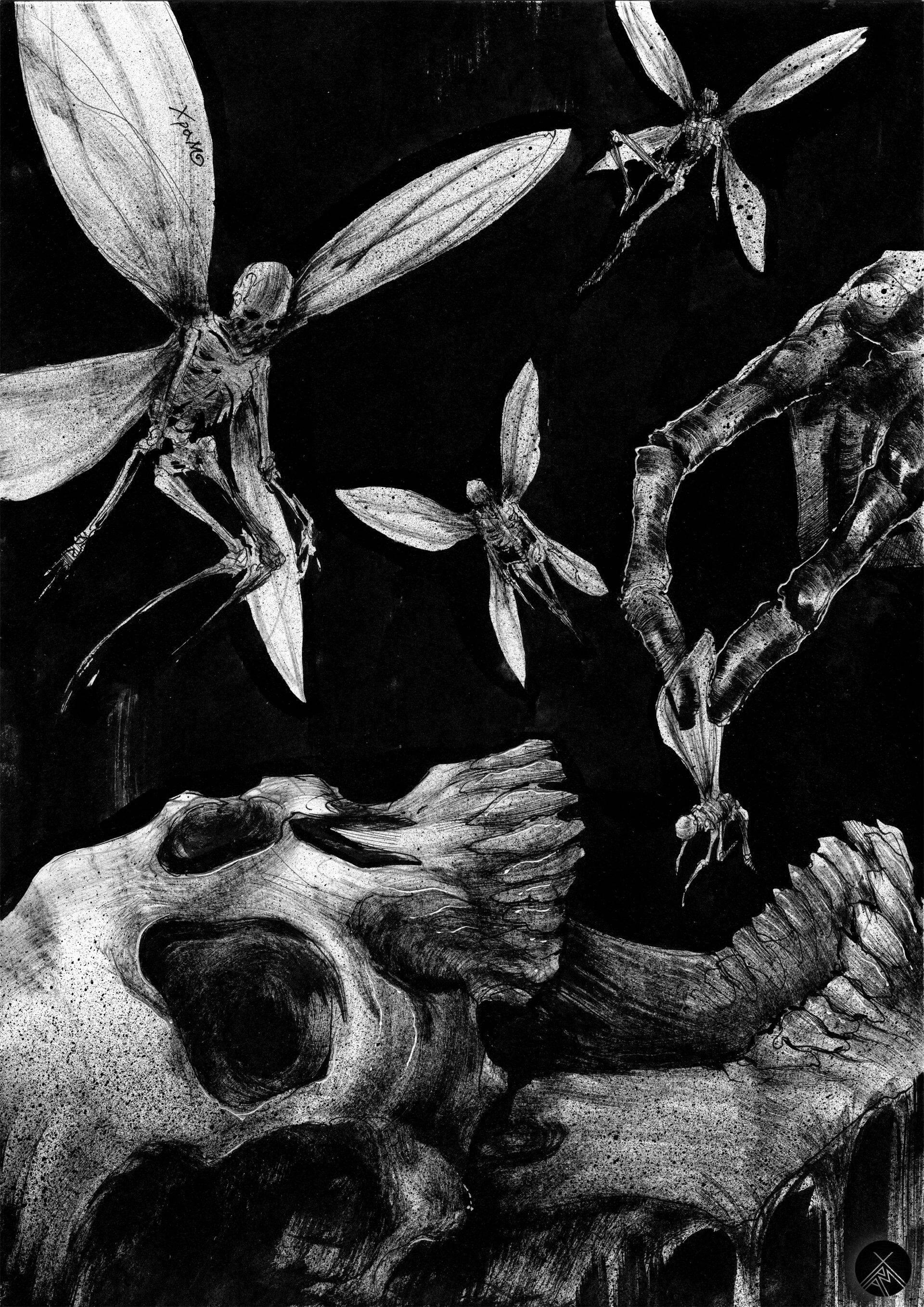 Fairy Grunge 桌布 壁紙 — 骸骨蜻蜓在一個令人難忘的黑白插圖中，盤旋在頭骨和扭曲的骨結構上方。