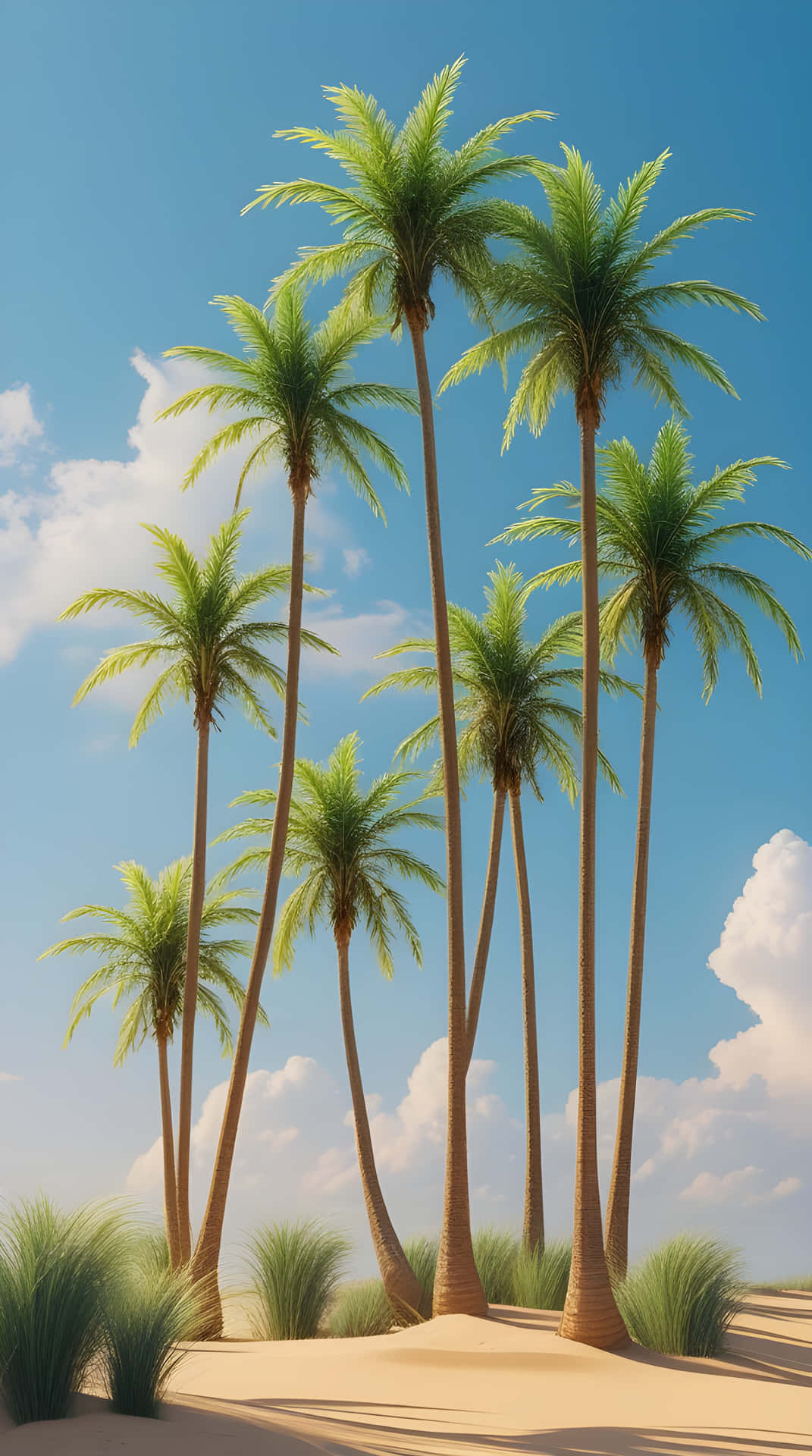 A natural palm trees 壁紙 — 高大的棕櫚樹，擁有茂密的綠色樹葉，從金色沙灘上聳立，背景是明亮的藍天和蓬鬆的白雲。
