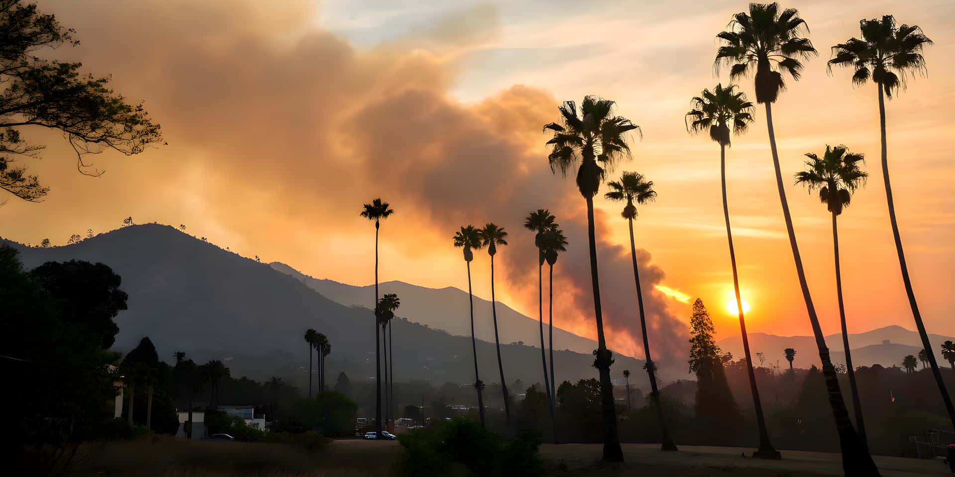 Sunset in mountain and beautiful palm trees 壁紙 — 高大的棕櫚樹在火紅的橙色日落中形成剪影，遠山上方有煙霧升起。