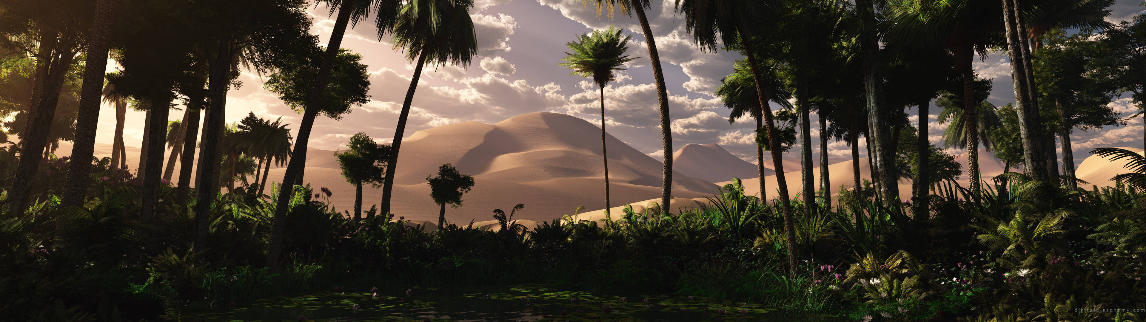 3840x1080 HD dual monitor 桌布 壁紙 — 高大的棕櫚樹框住一片廣闊的沙漠沙丘景觀，映襯著溫暖的日落天空。