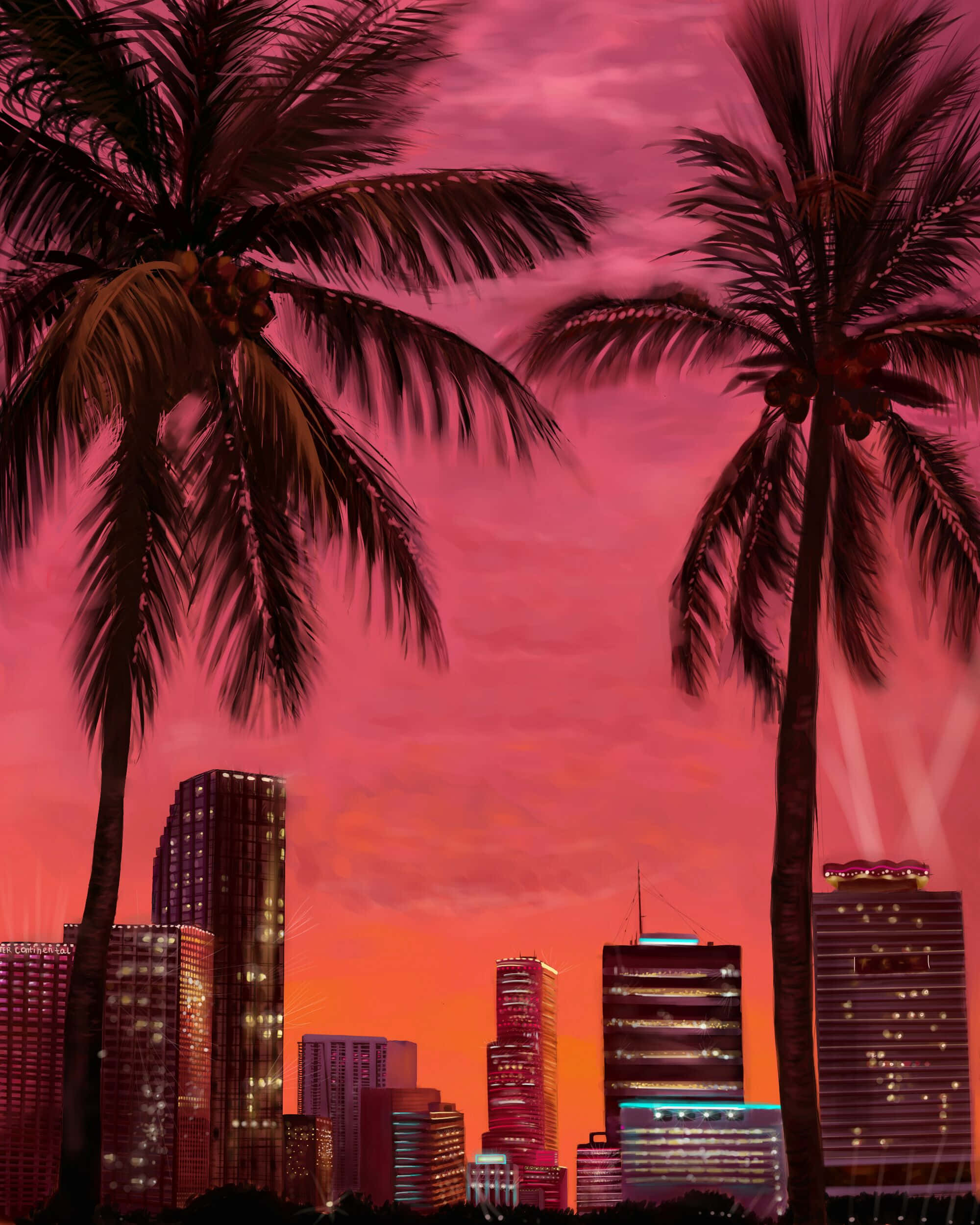 Miami 桌布 壁紙 — 高大的棕櫚樹襯托著充滿活力的粉紅色和橙色日落，映照著閃爍的城市天際線和燈火通明的摩天大樓。