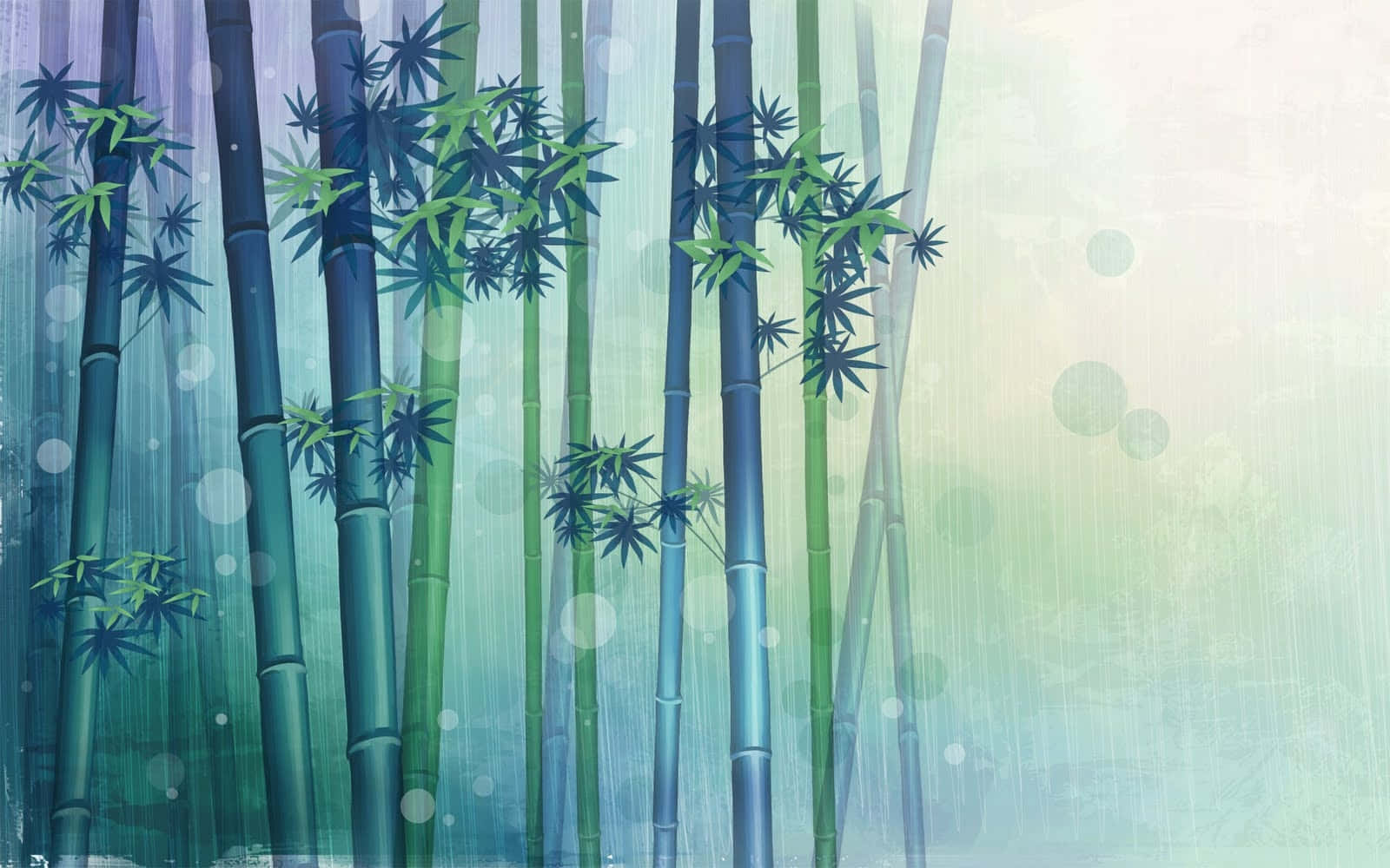 Green Bamboo 桌布 壁紙 — 高大的竹莖和綠葉在柔和霧氣背景和散景光效中升起。