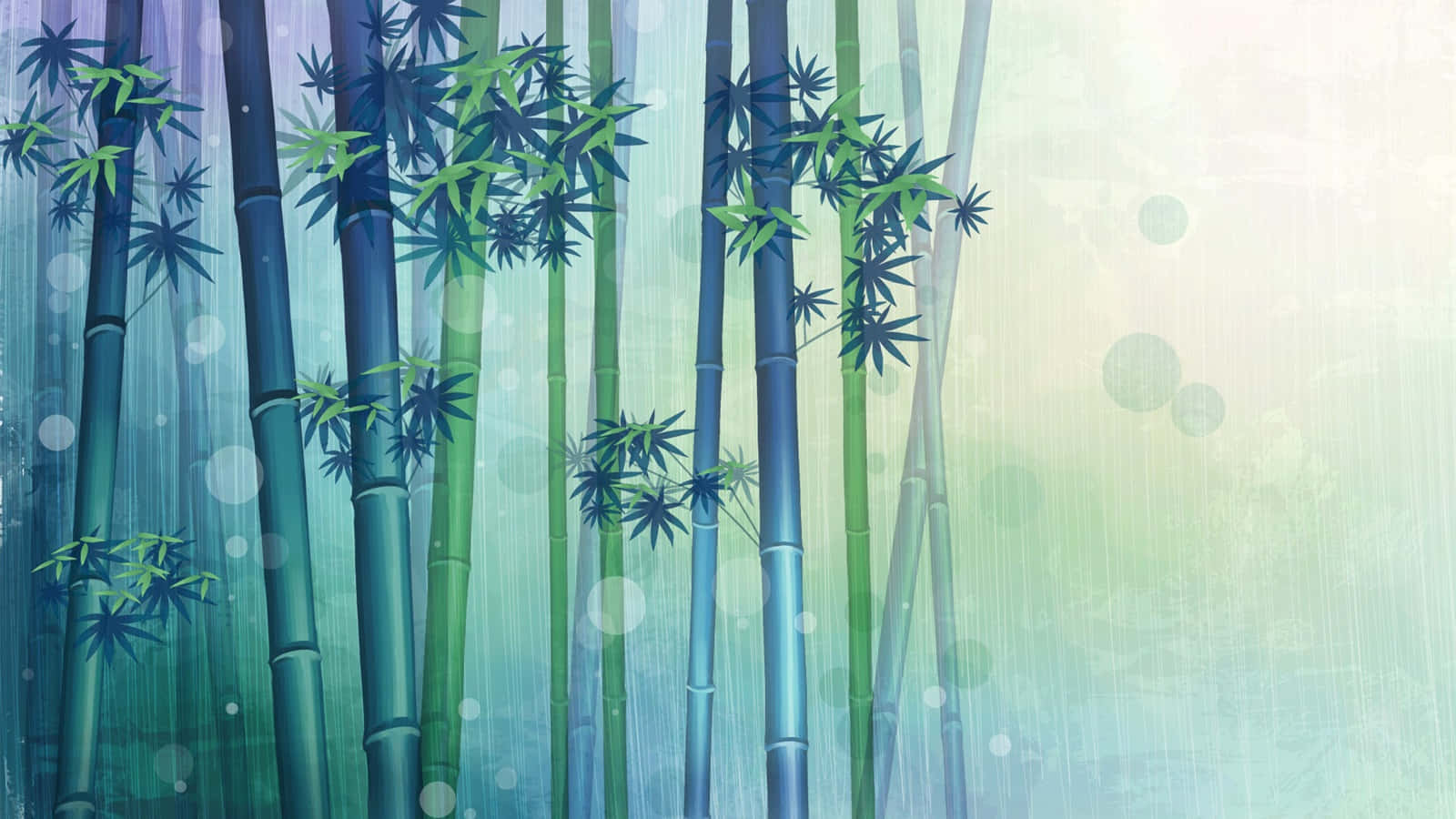 Bamboo Forest 桌布 壁紙 — 高大的竹莖帶著綠葉，在柔和霧氣背景和散景光效中升起。