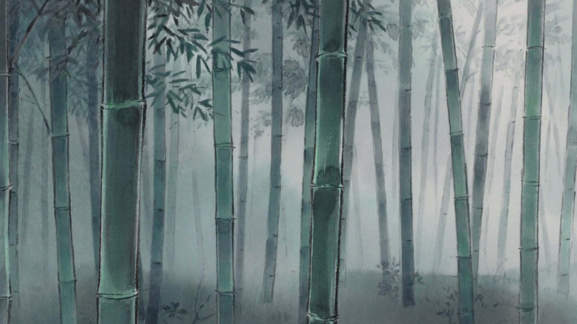 The Tale Of The Princess Kaguya 桌布 壁紙 — 高大的竹莖穿過霧氣瀰漫的森林地面，以柔和的綠色和灰色水彩渲染。