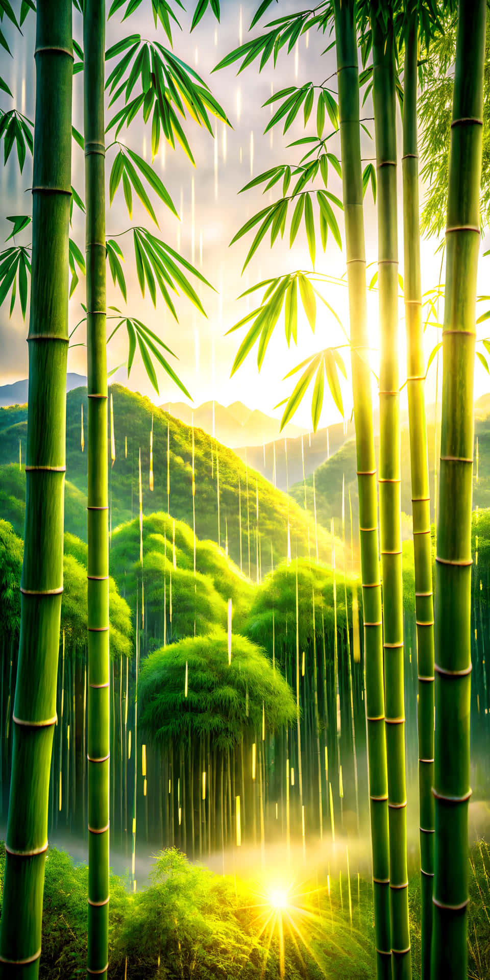 Sunshower Piercing a Bamboo Grove with Light Refracting Through Raindrops 壁紙 — 高大的綠色竹莖框住了一個陽光明媚的山谷，有霧氣繚繞的山脈和金色的雨水穿過充滿活力的樹葉落下。