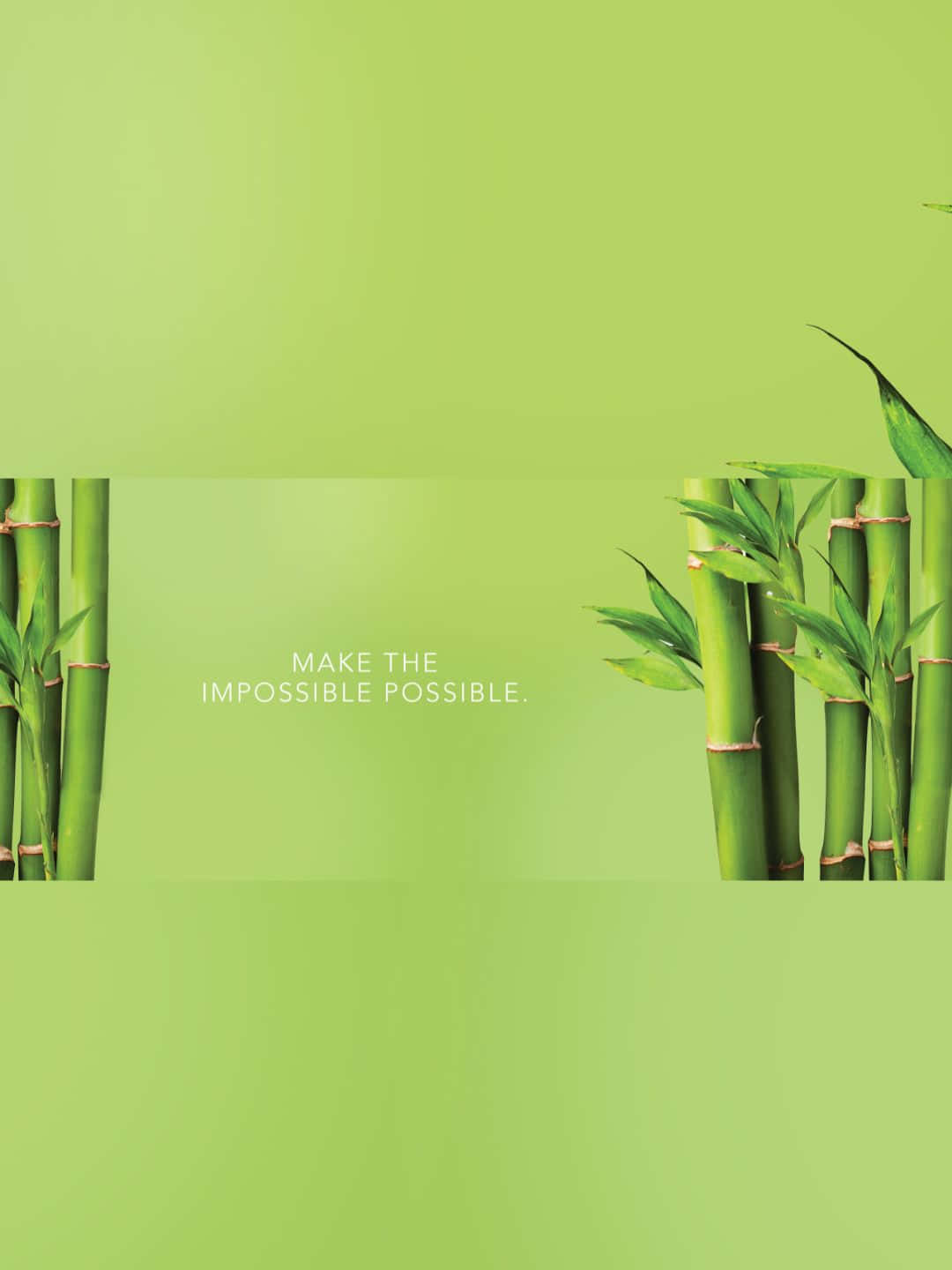 Bamboo Tree 桌布 壁紙 — 高大的綠色竹莖框住漸變綠色背景，上面有文字「讓不可能成為可能」。