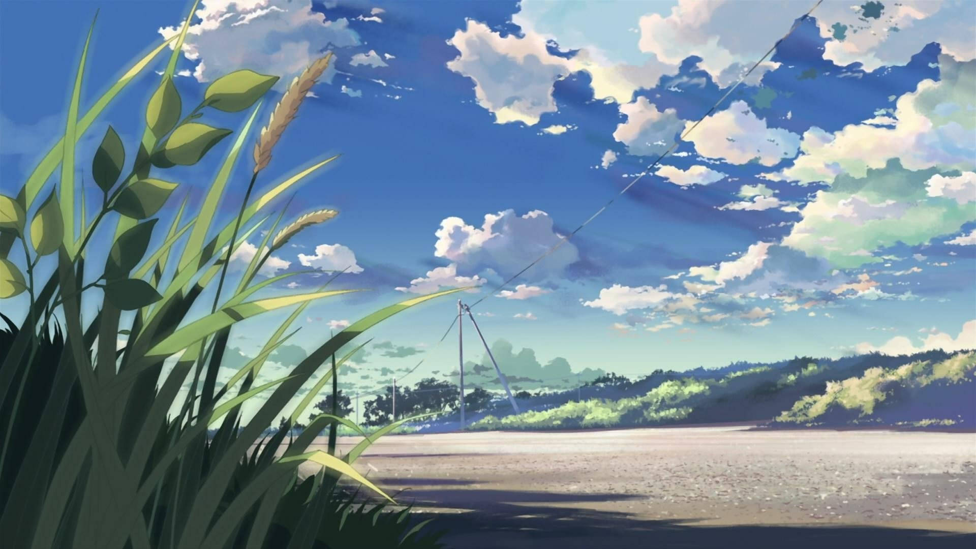 Green Anime Aesthetic 桌布 壁紙 — 高大的綠色蘆葦在鮮豔的藍天下，襯托著 fluffy 的白雲和遠處的風力發電機，框出寧靜的湖邊景色。