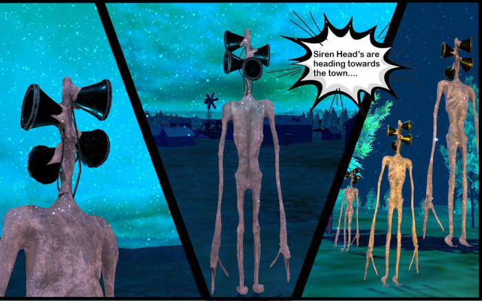  壁紙 — 高大纖細的警笛頭生物拿著擴音器，在繁星點點的藍綠色天空下潛伏於一個小鎮。