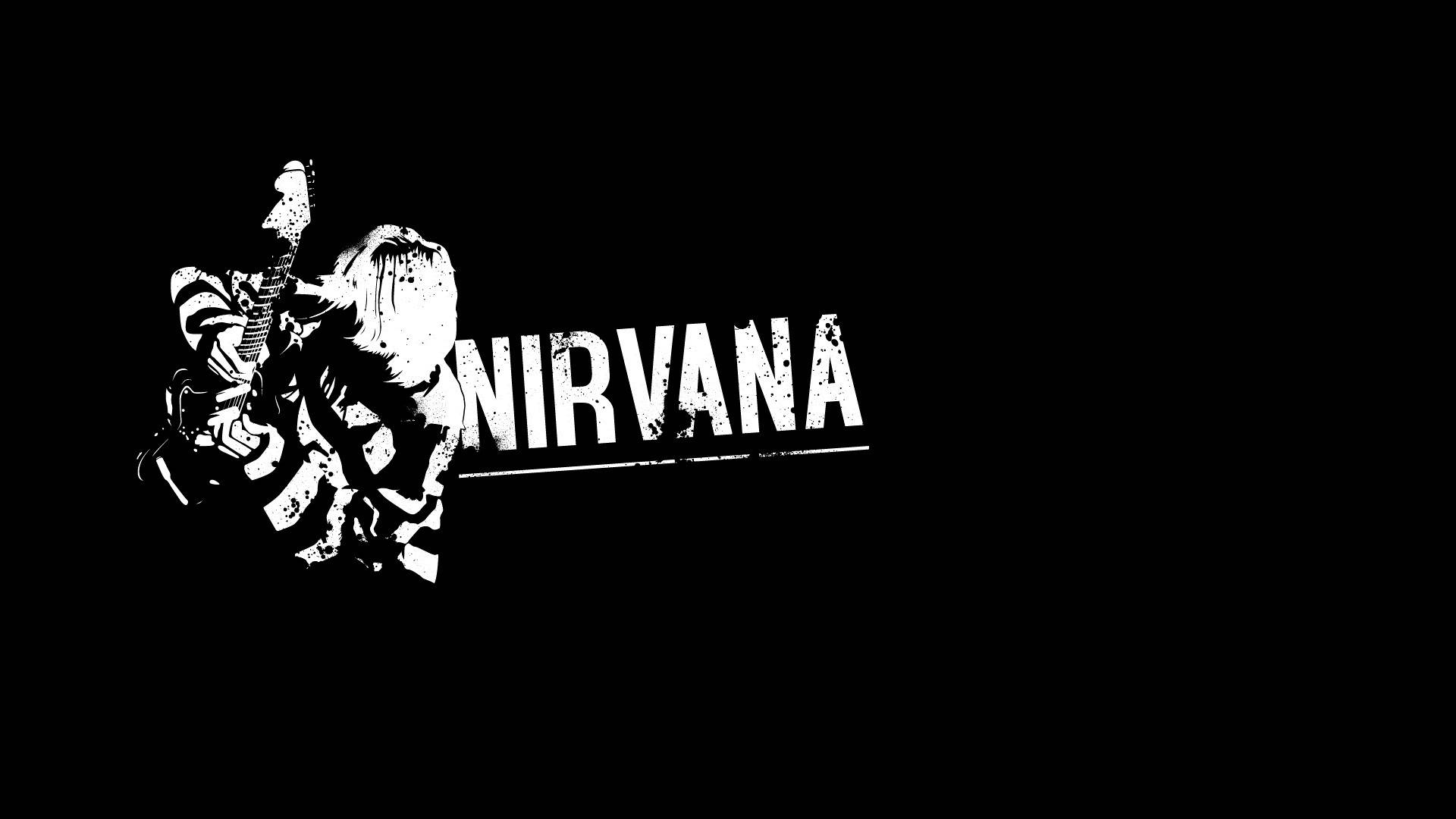 nirvana 4K 桌布 壁紙 — 高對比度的黑白圖形，吉他手剪影旁邊是粗體磨損字體的NIRVANA字樣。