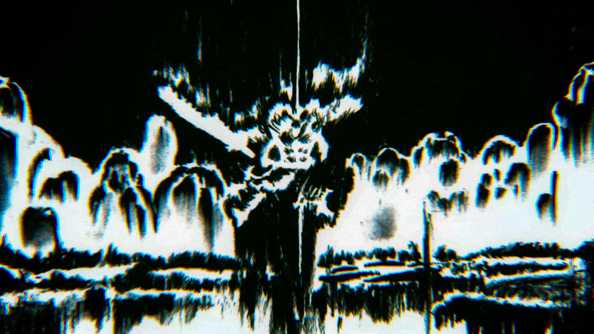 frame anime 壁紙 — 高對比度的黑白抽象圖像，在深色背景上有鋸齒狀的白色形狀，類似扭曲的風景或爆炸。
