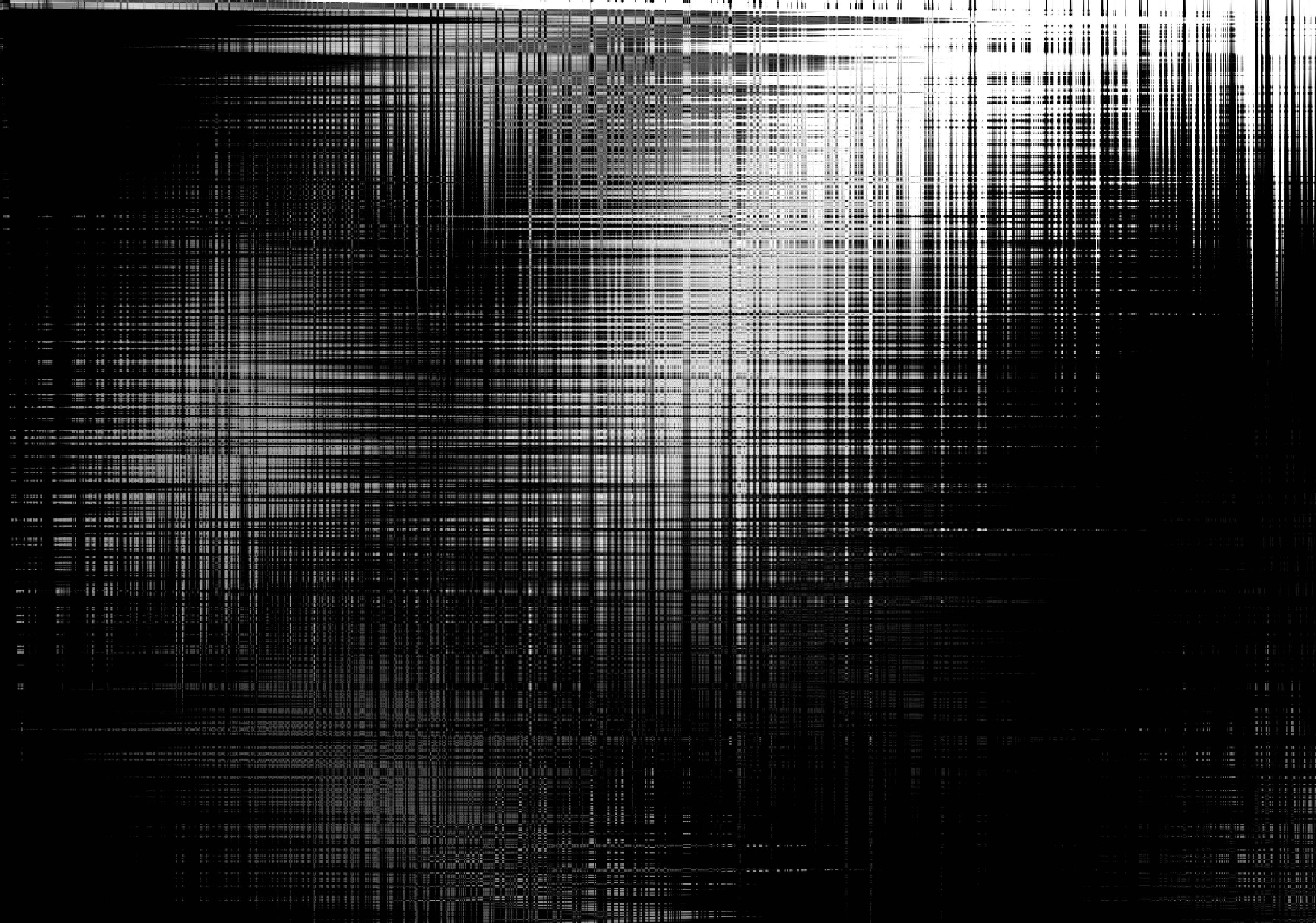 Glitch 桌布 壁紙 — 高對比度的黑白抽象圖案，由交叉線條構成，營造出故障數位紋理。