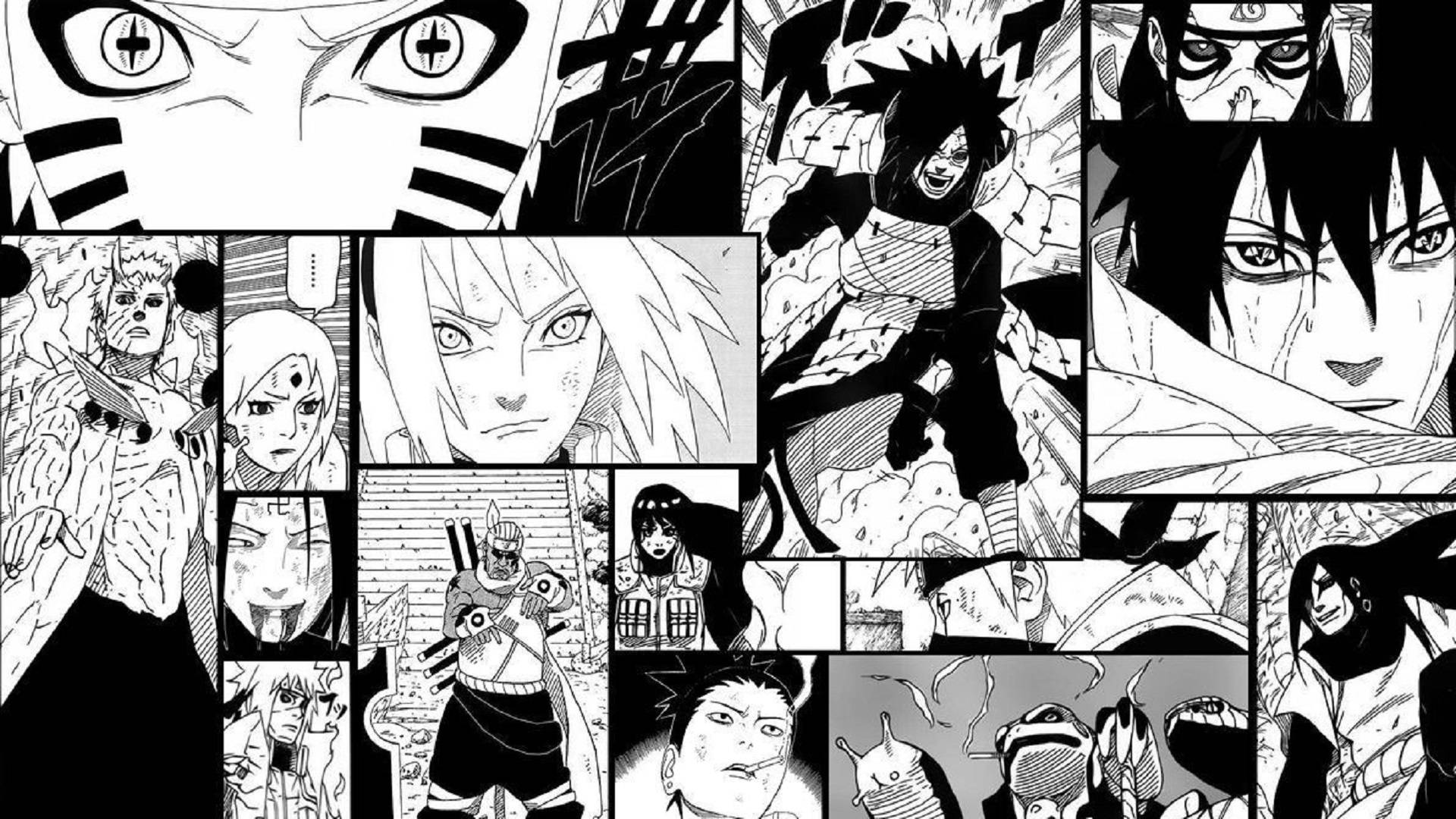 Panel 桌布 壁紙 — 高對比度的黑白漫畫拼貼畫，以動態戰鬥姿勢和戲劇性特寫鏡頭展現激烈的動漫角色。