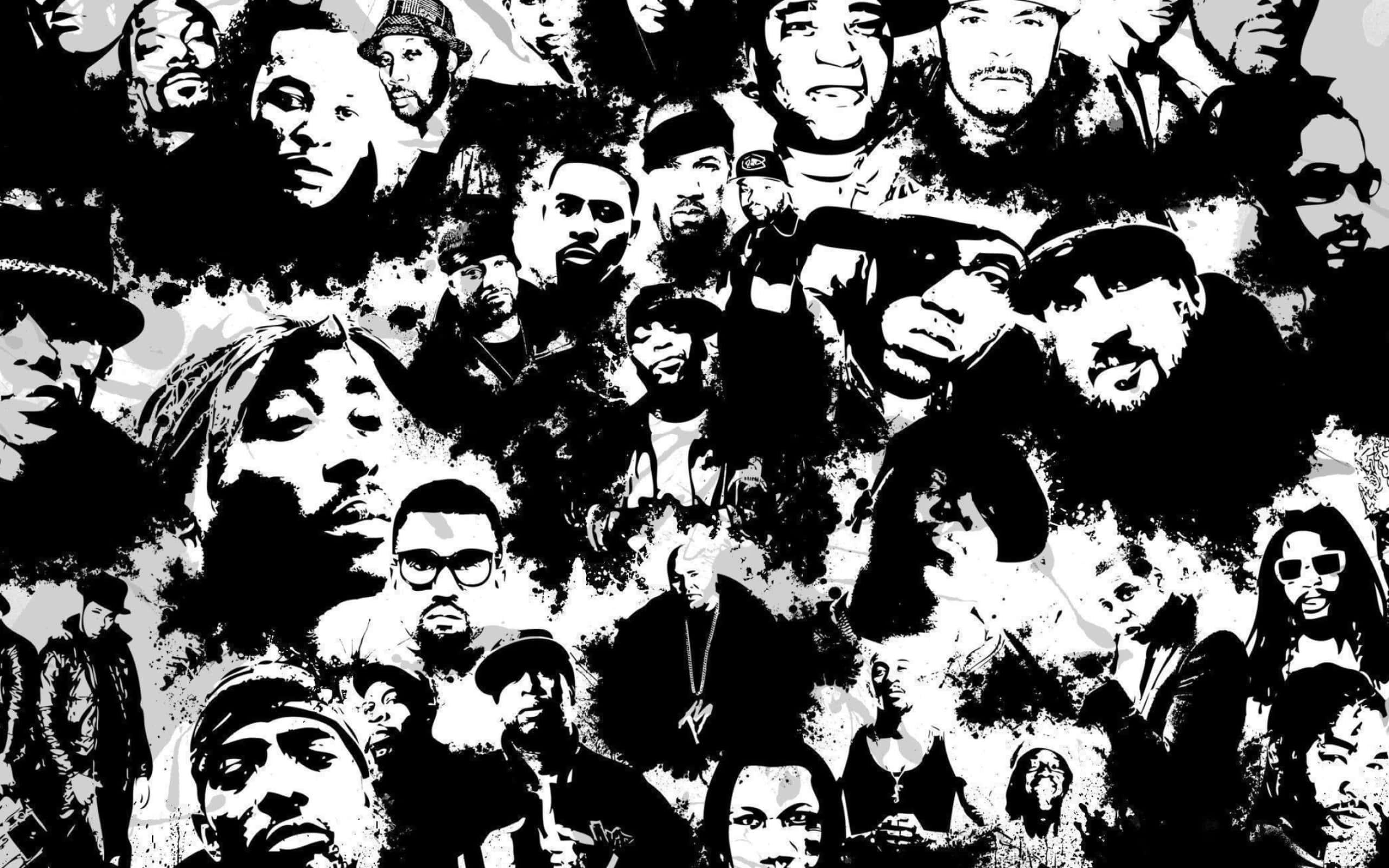 Rapper Collage 桌布 壁紙 — 高對比度黑白拼貼畫，風格化嘻哈藝術家肖像，帶有飛濺墨水效果。