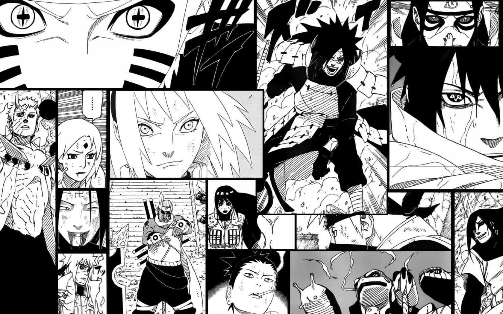 Manga Pages 桌布 壁紙 — 高對比度黑白漫畫拼貼，呈現動態動作場景中的激烈動漫角色。