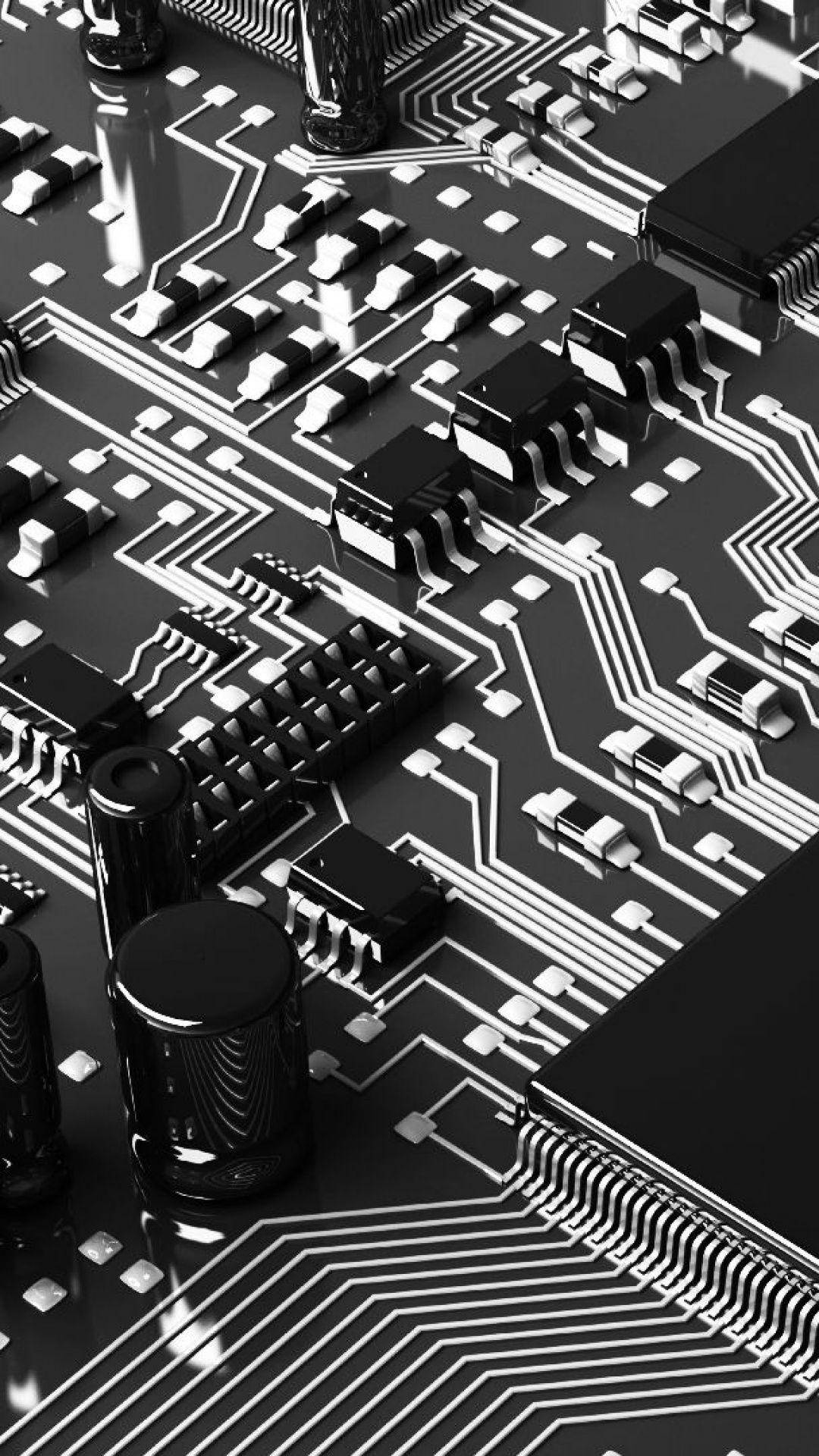 Motherboard 桌布 壁紙 — 高對比度黑白特寫，展示細節豐富的電子電路板，帶有光澤元件和複雜線路。