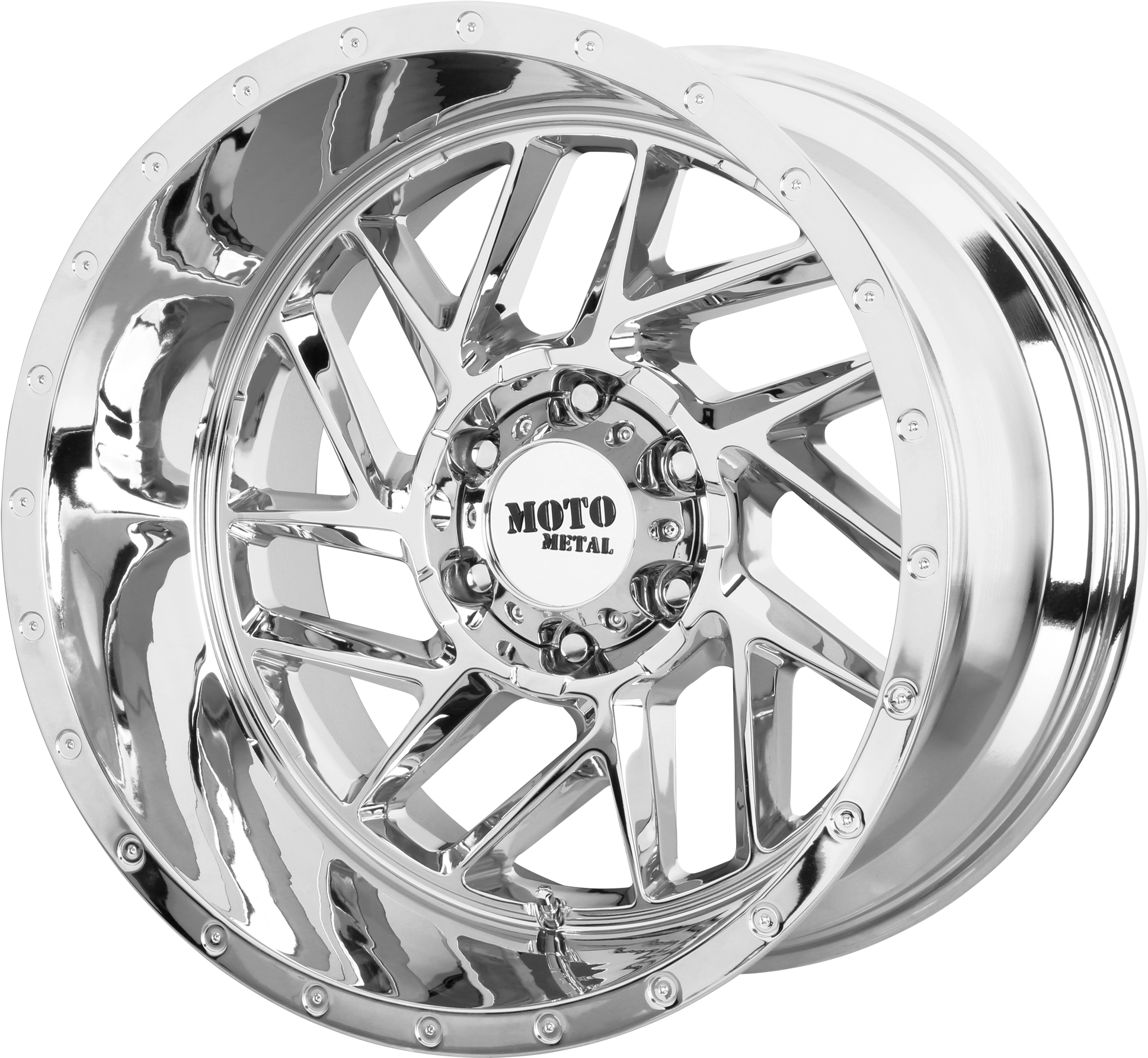 Metallic 桌布 壁紙 — 高度拋光的鍍鉻 Moto Metal 輪圈，帶有複雜的多輻條設計和螺栓裝飾，背景為黑色。