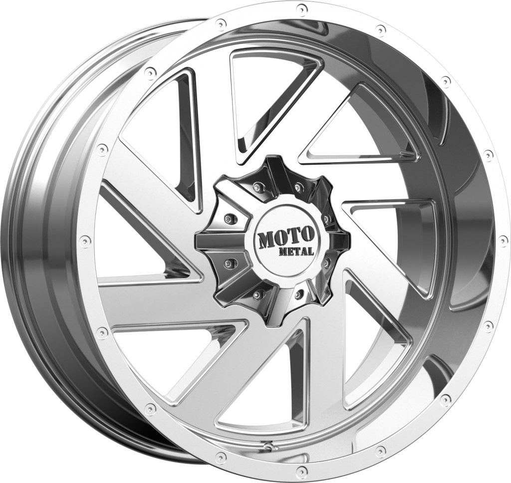 Metallic 桌布 壁紙 — 高度拋光的鍍鉻Moto Metal輪圈，帶有鮮明的幾何輻條和螺栓固定的輪輞，背景為黑色。