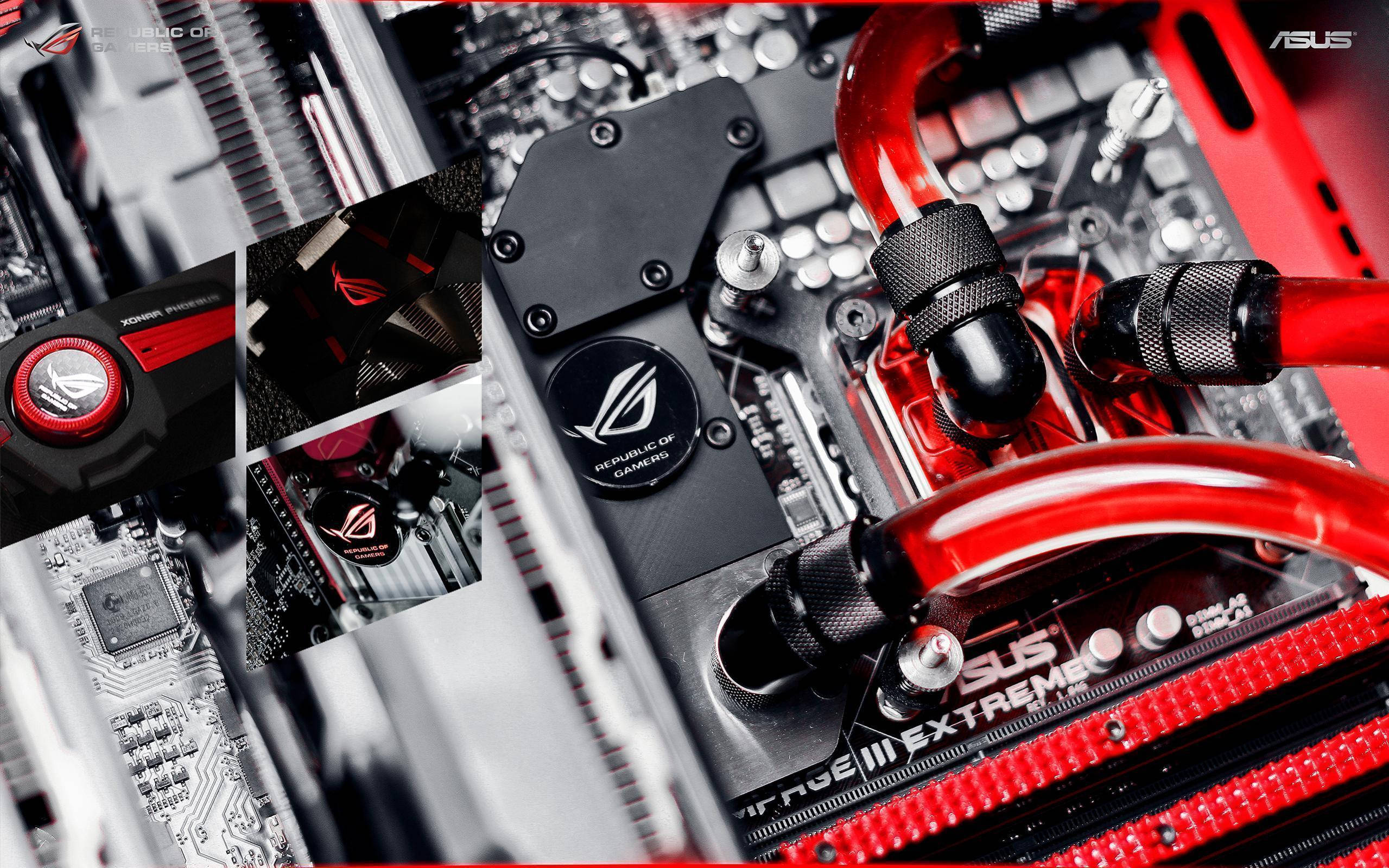 Motherboard 桌布 壁紙 — 高性能ASUS ROG遊戲主機板特寫，配備紅色液體冷卻管和黑色組件。