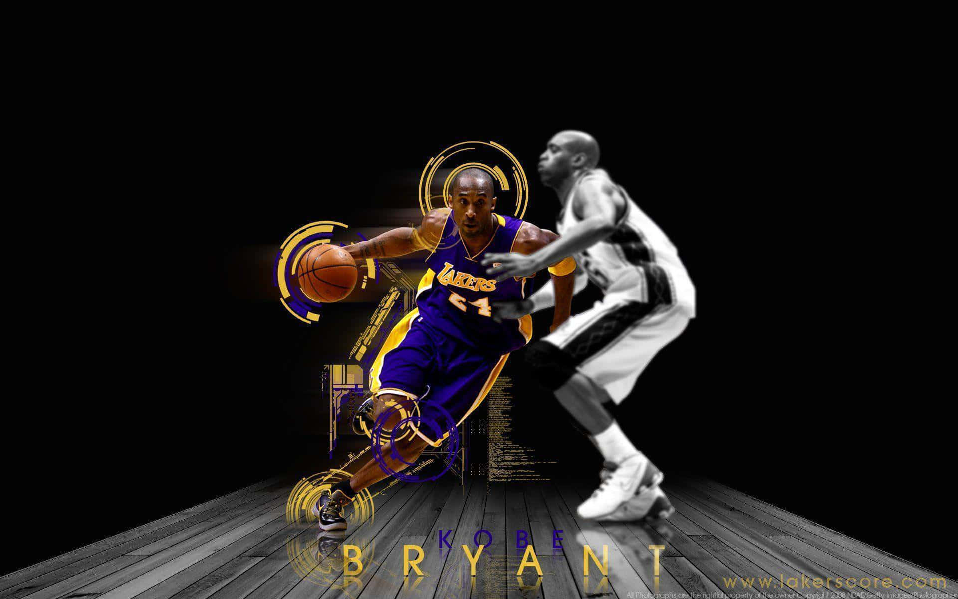 科比· Bryant 手機 桌布 壁紙 — 高比拜仁身穿紫色湖人球衣，在黑色背景上運球，帶有發光金色效果。