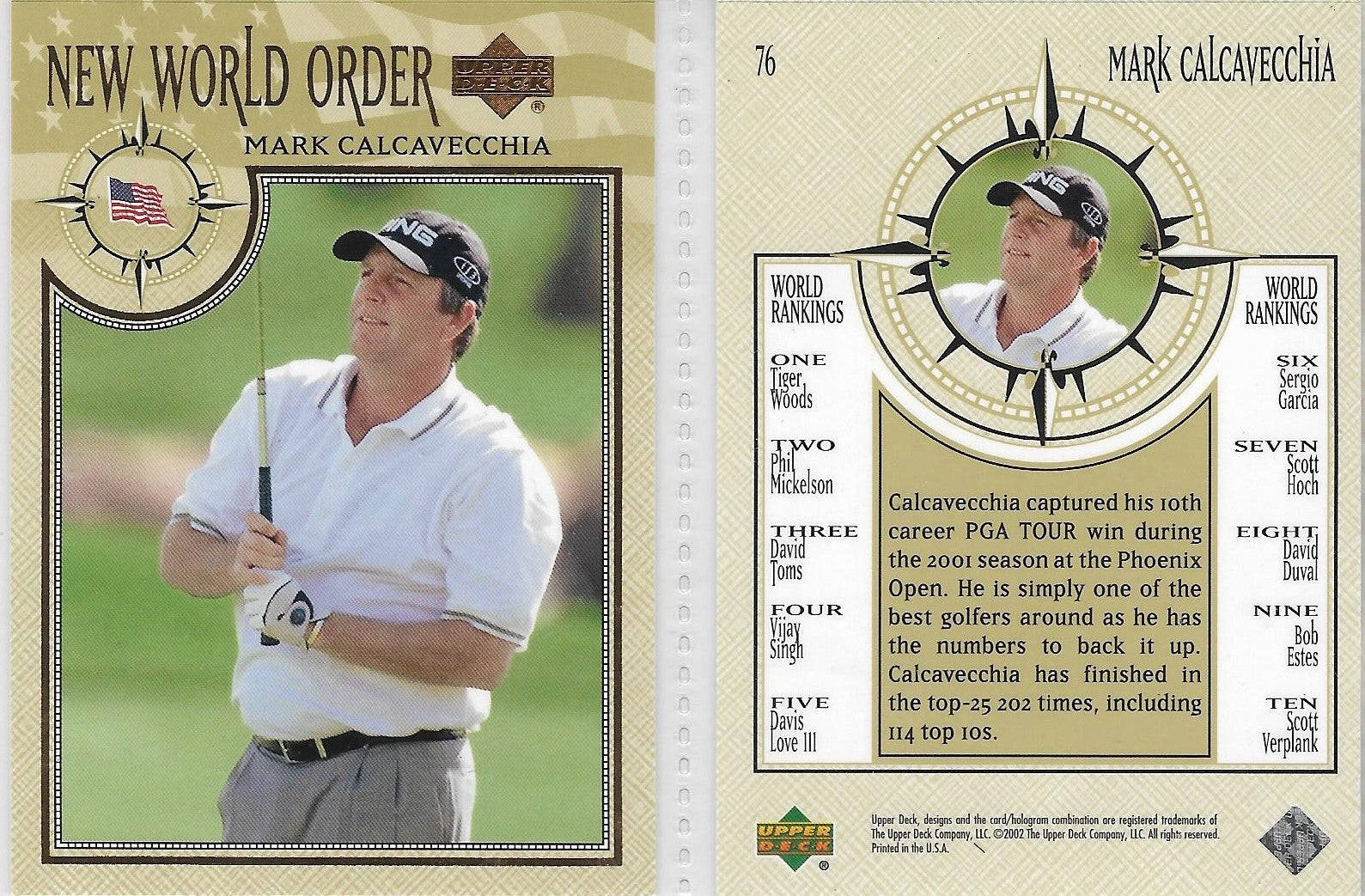 Champion 桌布 壁紙 — 高爾夫球手 Mark Calcavecchia 在綠色球場上揮桿，展示於復古 Upper Deck 交易卡上，附有統計數據和排名。