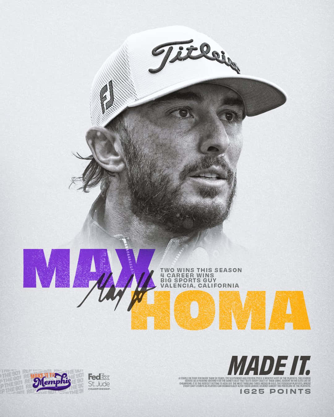  壁紙 — 高爾夫球手 Max Homa 戴著 Titleist 帽子的黑白肖像，以粗體紫色和黃色文字疊加突出他的成就。