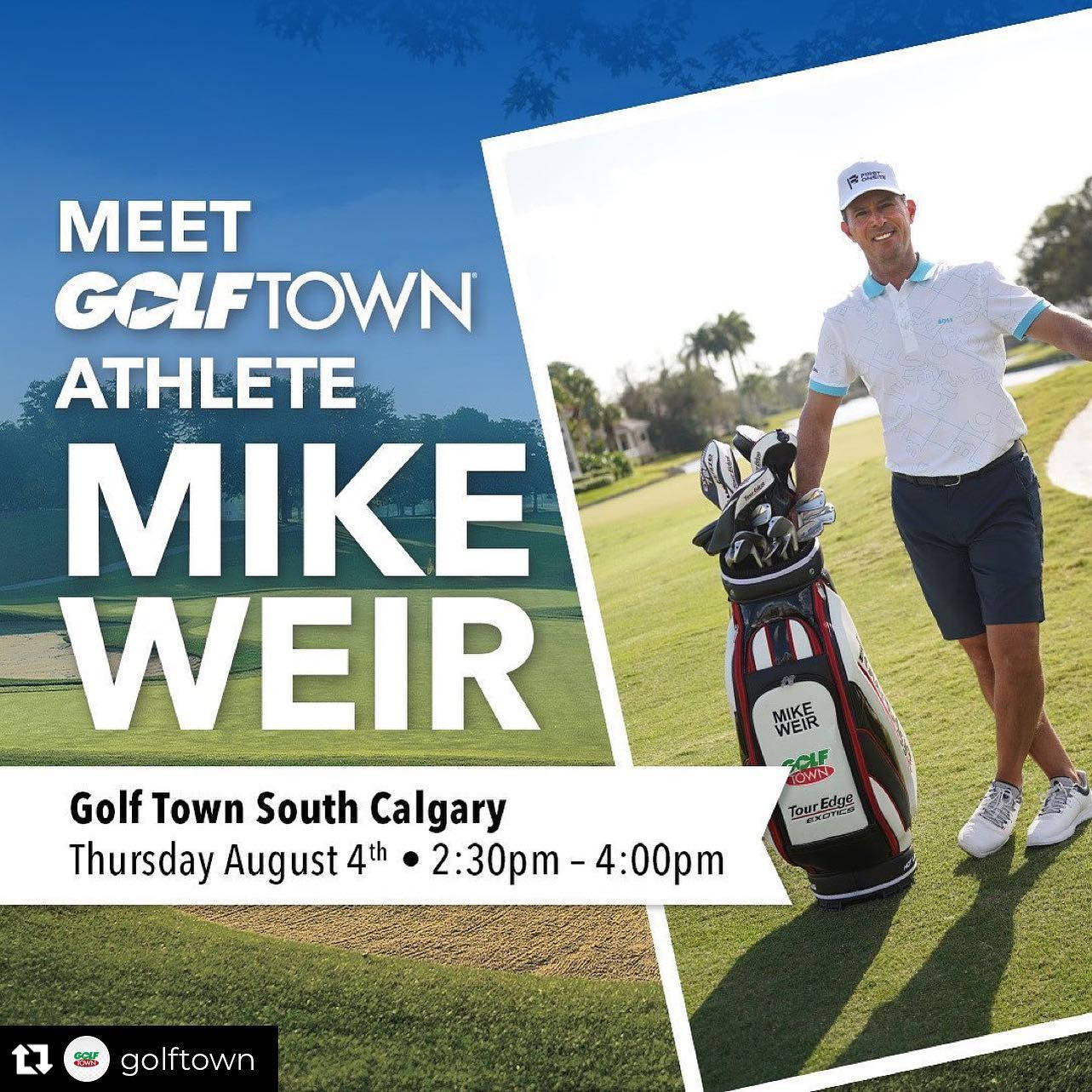 高爾夫 桌布 壁紙 — 高爾夫球手 Mike Weir 在陽光明媚的高爾夫球場上微笑，手持球袋，並覆蓋著活動詳情。