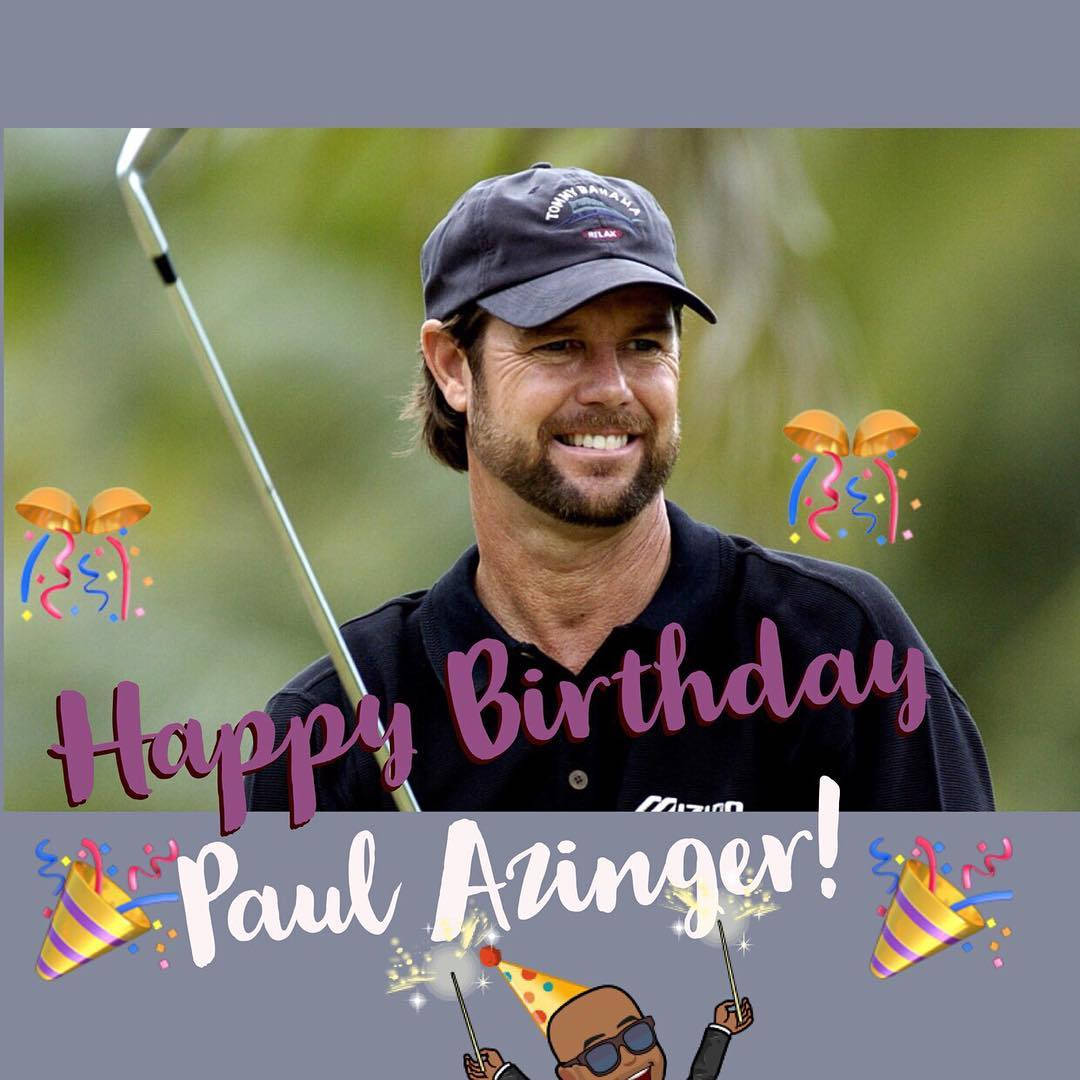 高爾夫 桌布 壁紙 — 高爾夫球手 Paul Azinger 微笑著手持球桿，上面覆蓋著節日生日圖案。