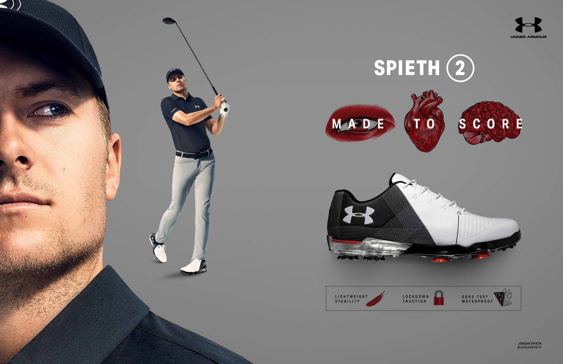 Under Armour 桌布 壁紙 — 高爾夫球手Jordan Spieth揮桿中，旁邊是他的Under Armour高爾夫球鞋，帶有解剖學圖形突出性能特點。