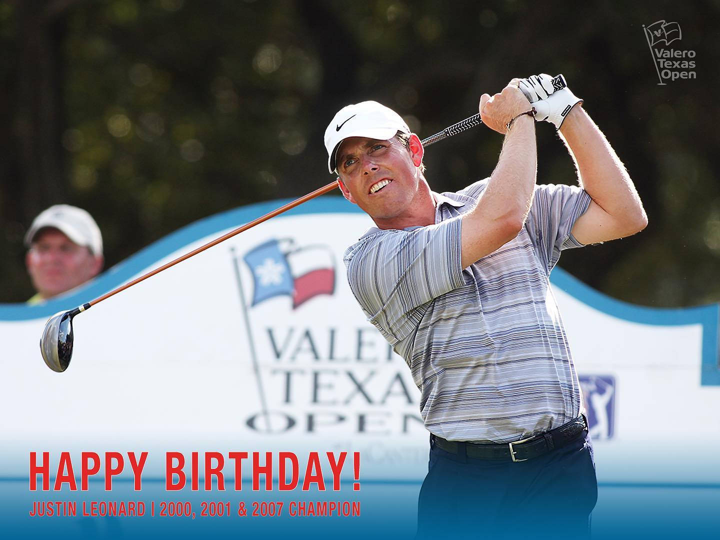 高爾夫 桌布 壁紙 — 高爾夫球手Justin Leonard在Valero Texas Open中揮桿，並疊加生日祝福訊息。