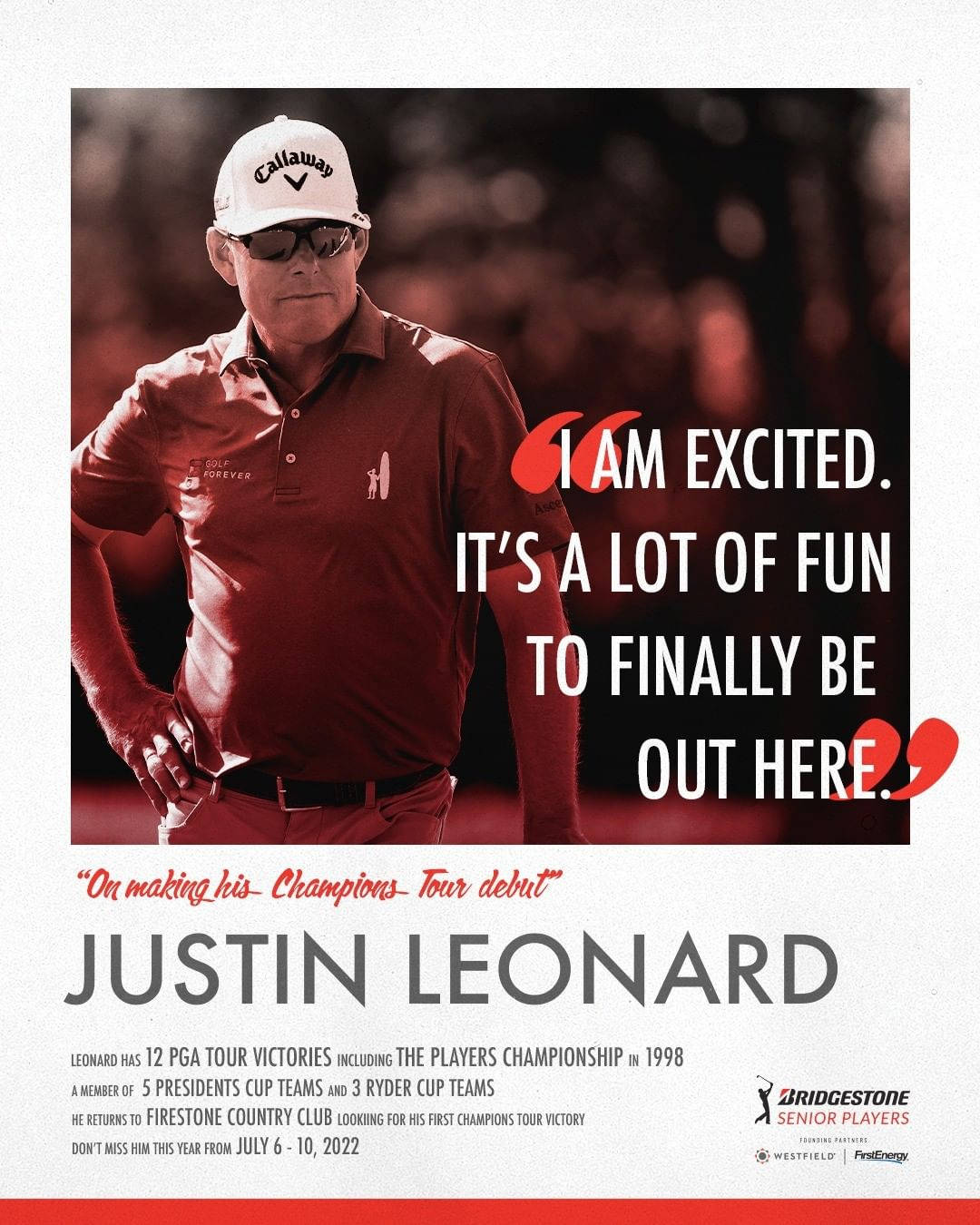 Quote 桌布 壁紙 — 高爾夫球手Justin Leonard身穿紅色Polo衫和白色帽子，雙手叉腰，自信地站在模糊的人群背景前。