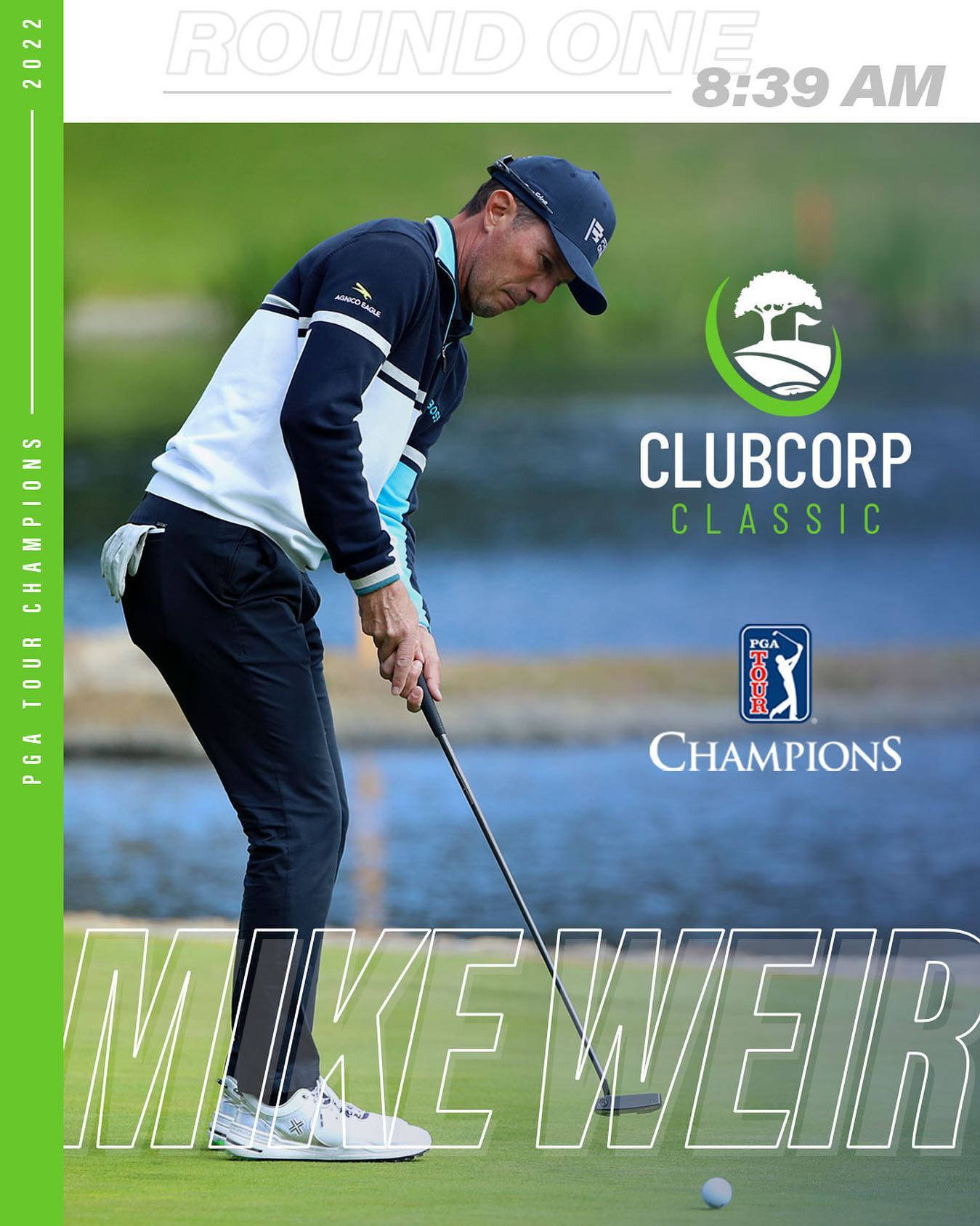  壁紙 — 高爾夫球手Mike Weir在2022年PGA巡迴賽冠軍ClubCorp經典賽黎明時分專注於他的推桿。