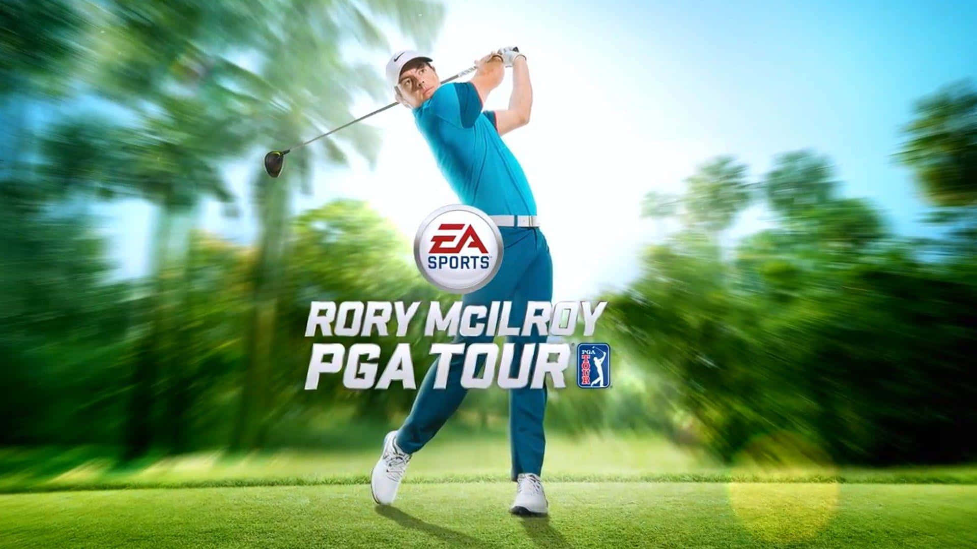 高爾夫 桌布 壁紙 — 高爾夫球手Rory McIlroy在陽光明媚的高爾夫球場上揮桿，背景有模糊的綠化和EA Sports品牌標誌。