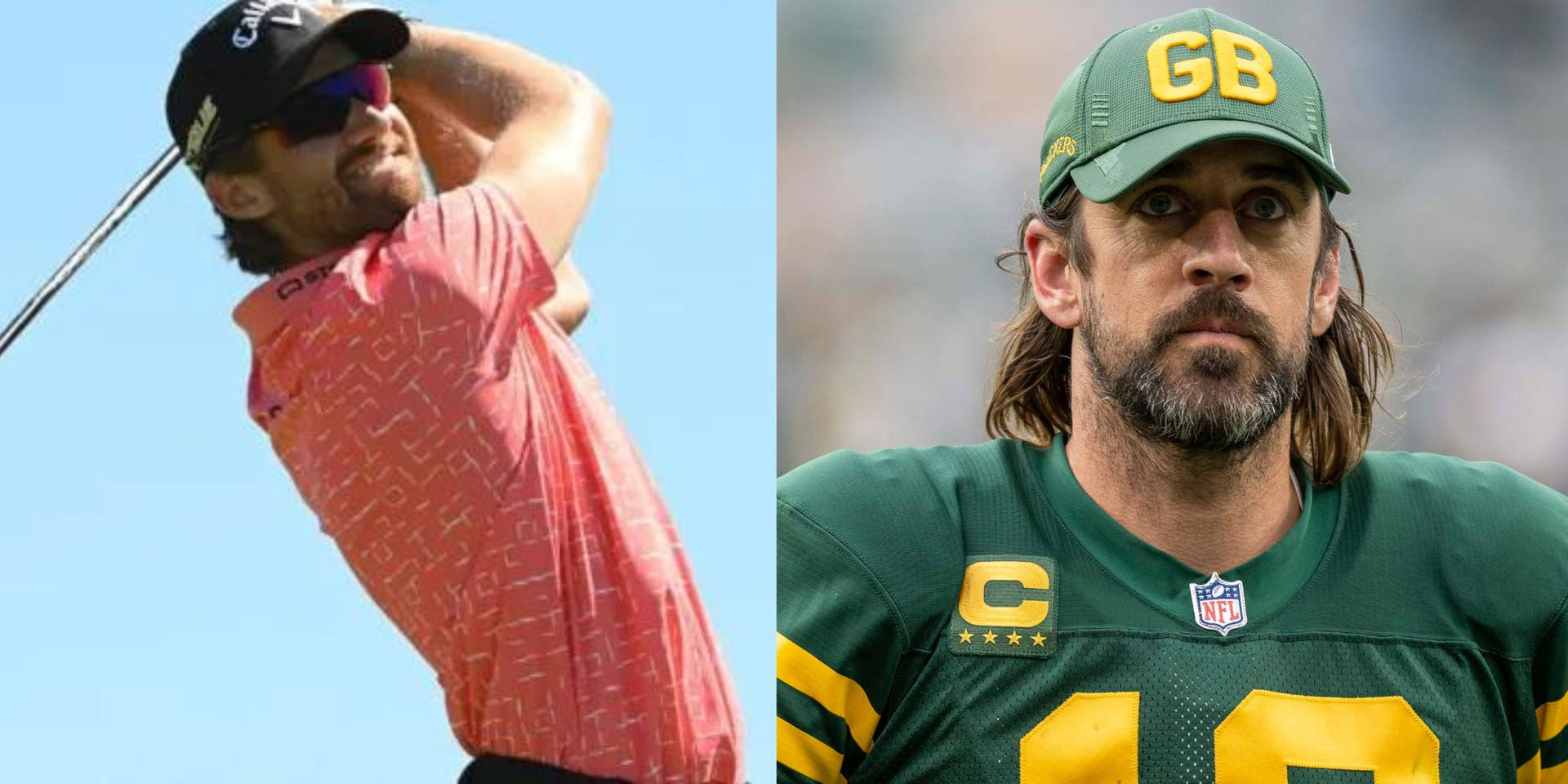  壁紙 — 高爾夫球手在藍天下揮桿中與NFL四分衛穿著綠色球衣專注表情的分割圖像。