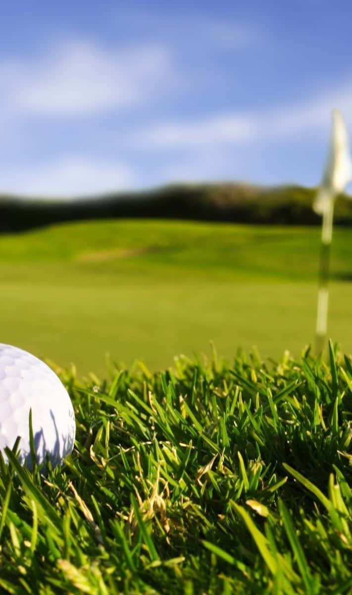 sport 桌布 壁紙 — 高爾夫球躺在鮮綠色草地上的特寫，背景有模糊的旗桿和天空。