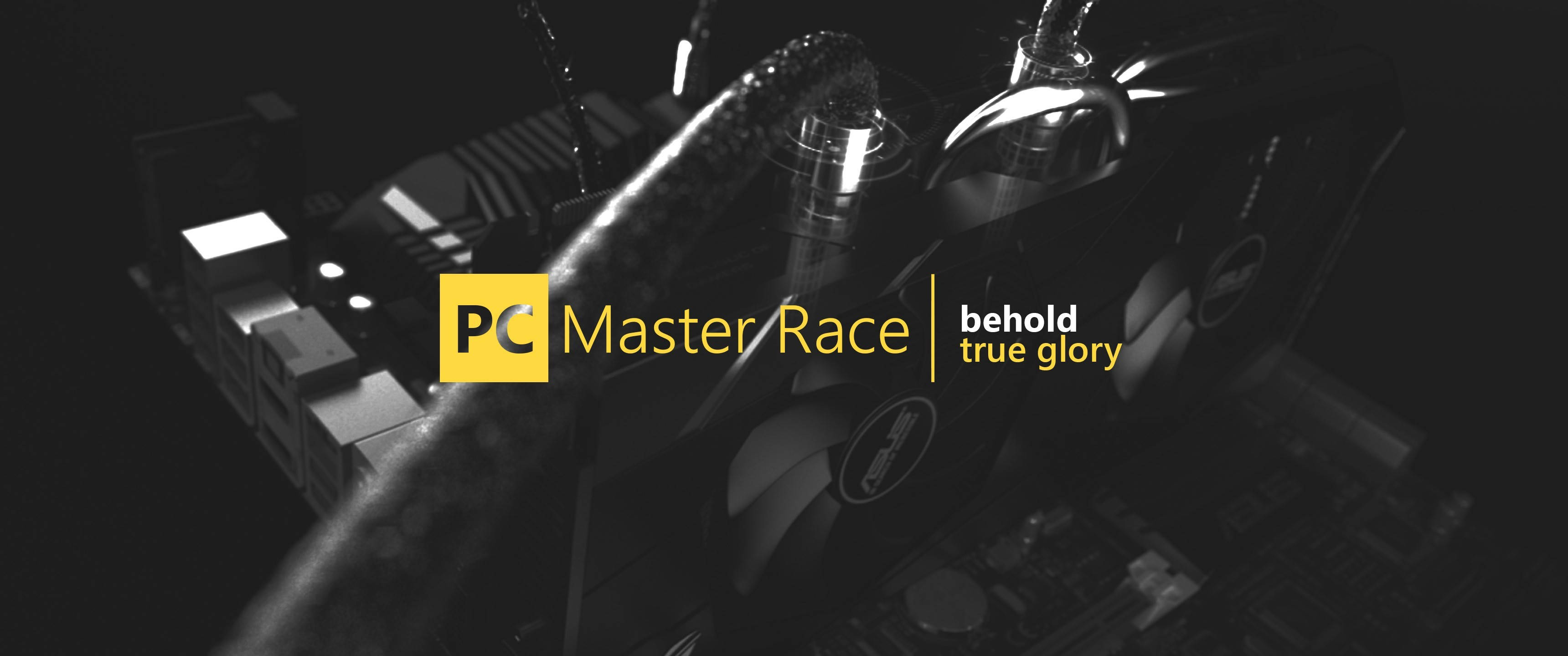 meme 桌布 壁紙 — 高端PC元件的單色特寫，帶有發光點綴和「PC Master Race」品牌標識。