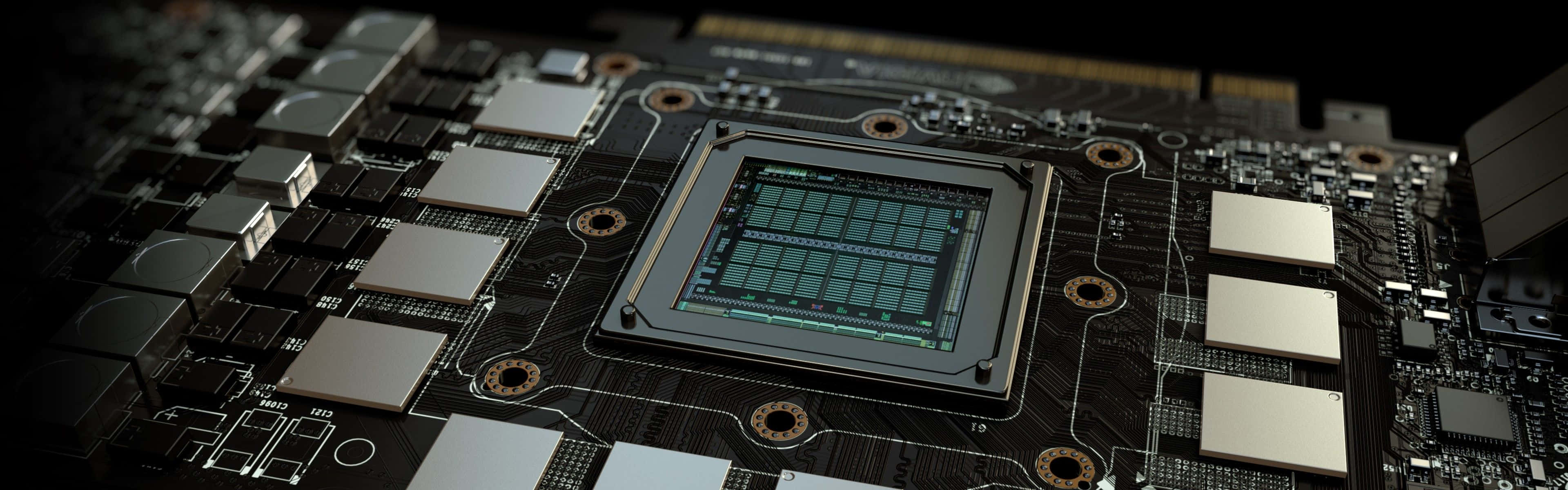 4K Graphics Cards 桌布 壁紙 — 高端顯示卡特寫，在戲劇性燈光下呈現發光綠色電路和金屬散熱片。