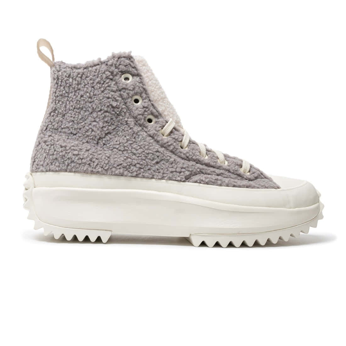 Converse 桌布 壁紙 — 高筒運動鞋，灰色羊羔絨鞋面，白色厚底鋸齒紋鞋底。