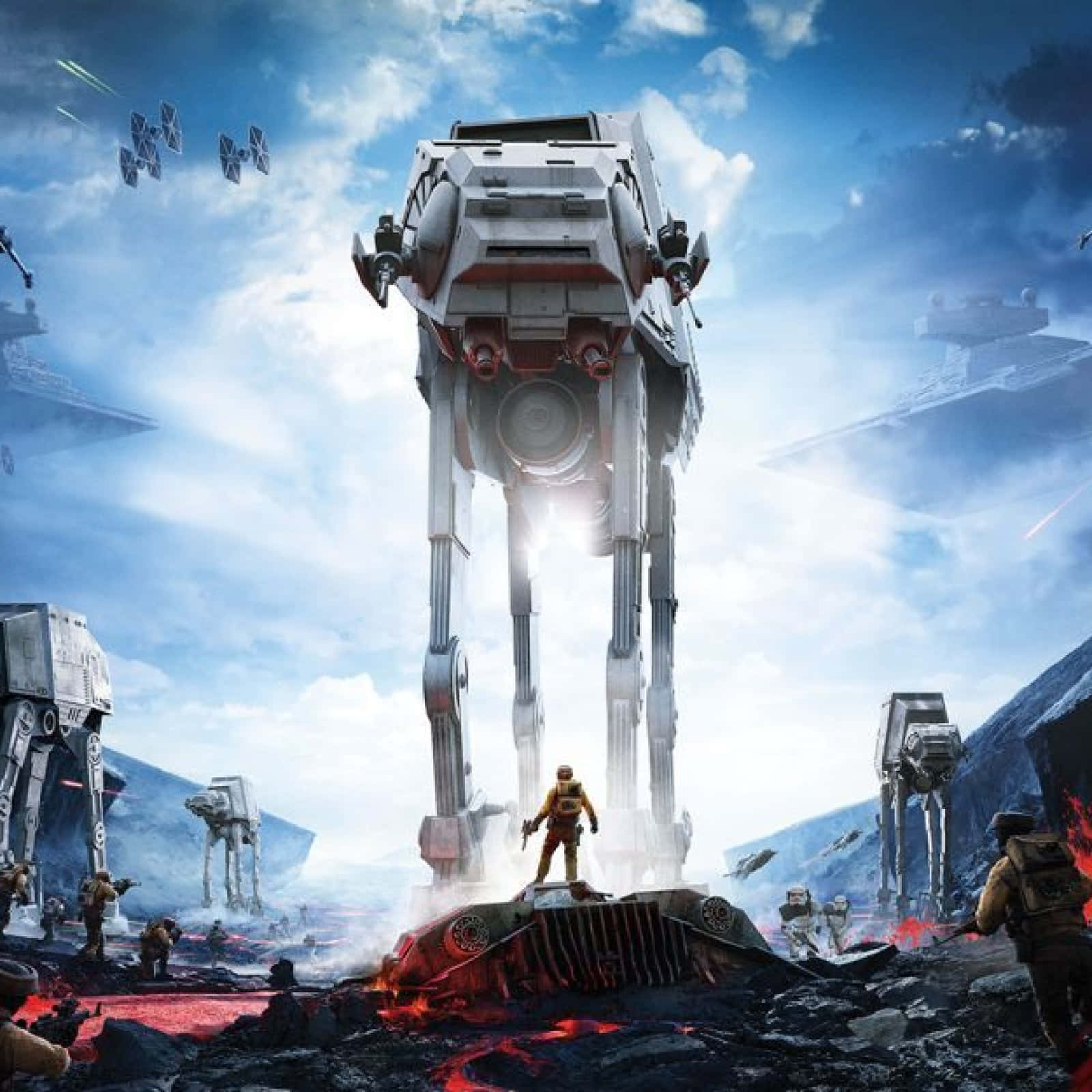 The Battle Of Jakku 桌布 壁紙 — 高聳的AT-AT步行機主宰火山戰場，士兵們在熔岩流和飛行的星際戰鬥機中戰鬥。