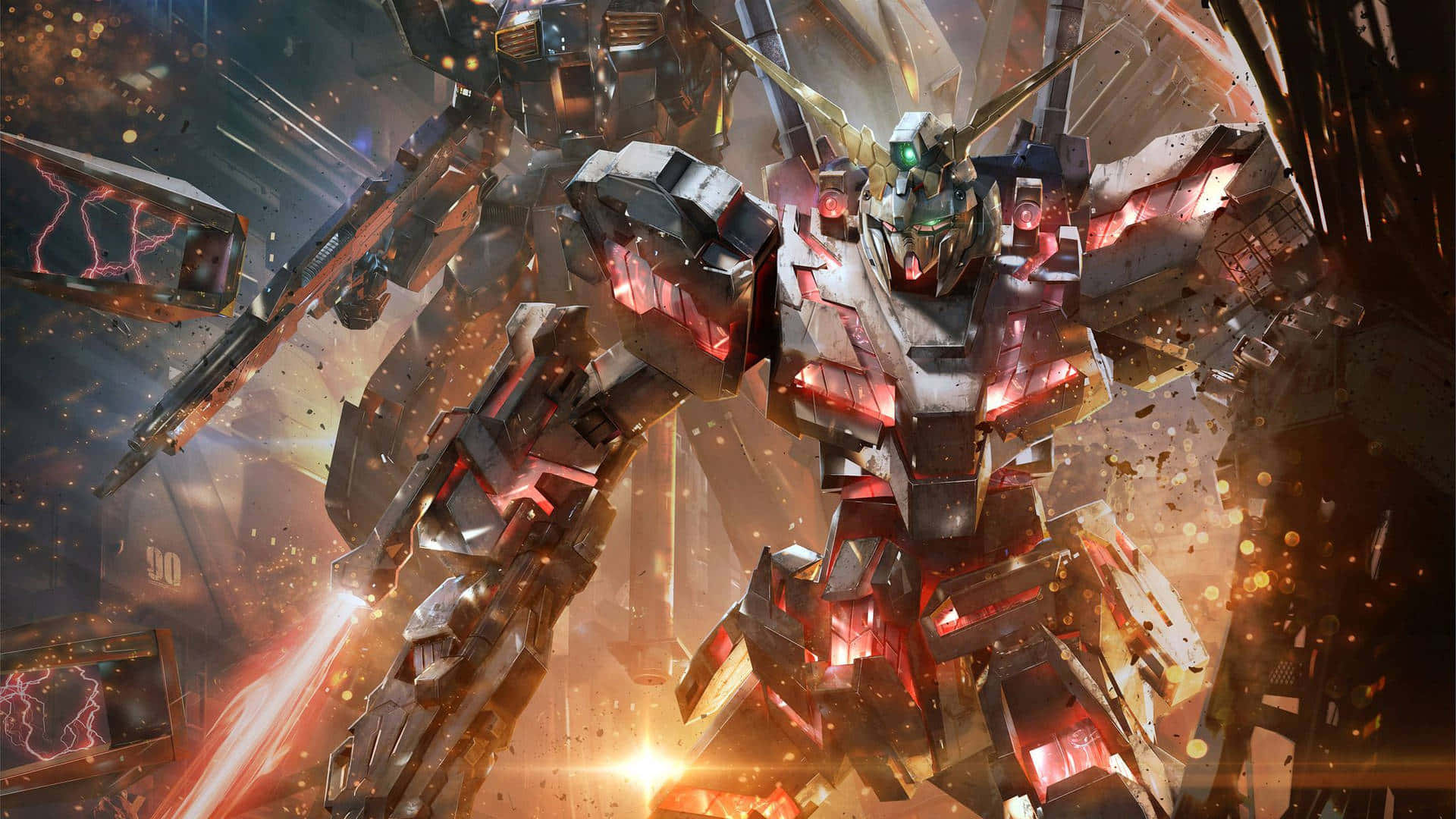  壁紙 — 高聳的Gundam機甲在混亂的戰區中，於燃燒的碎片和發光的能量爆炸中戰鬥。