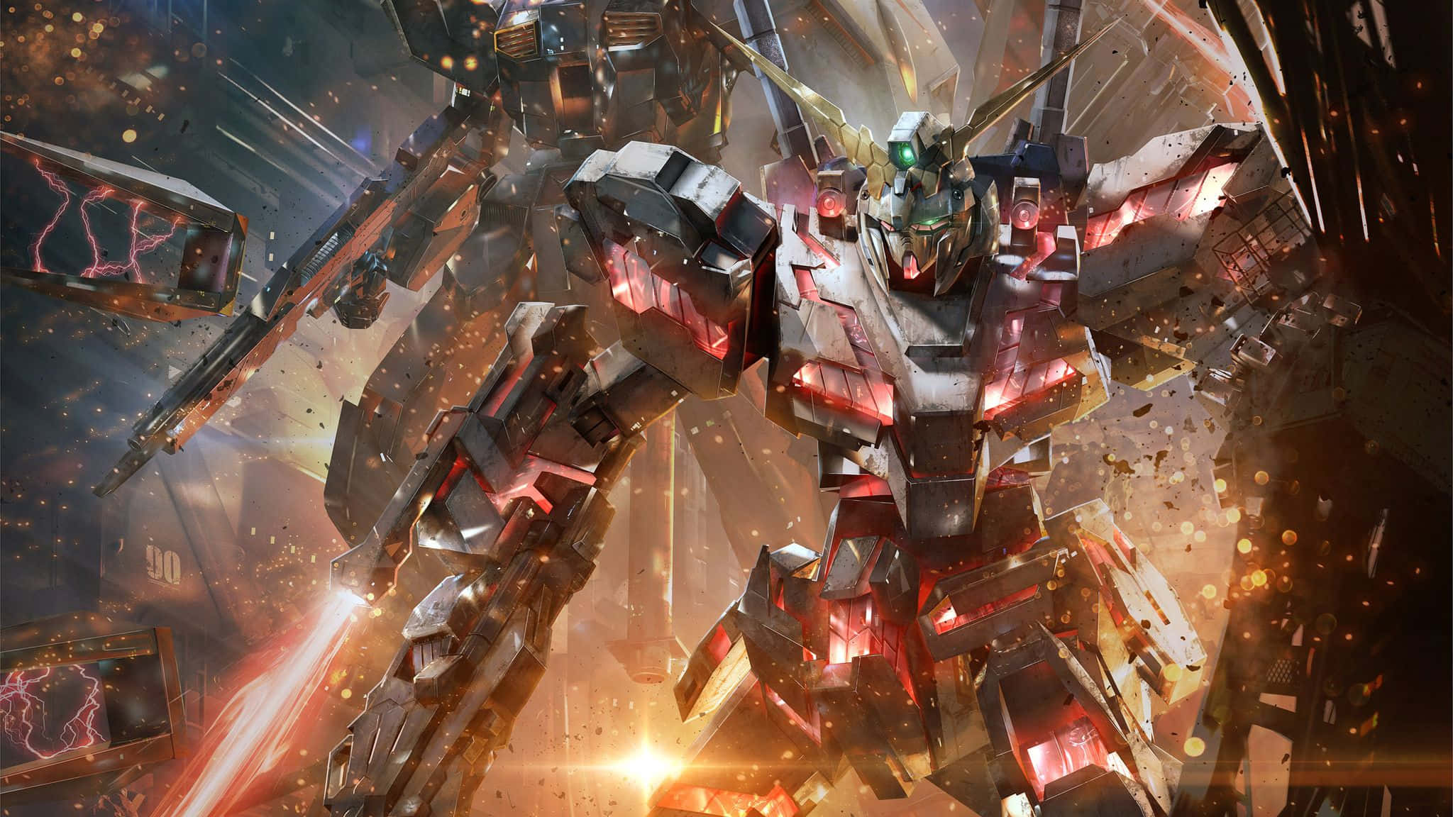  壁紙 — 高聳的Gundam機甲在瓦礫和猛烈爆炸中戰鬥，構成戲劇性的科幻場景。