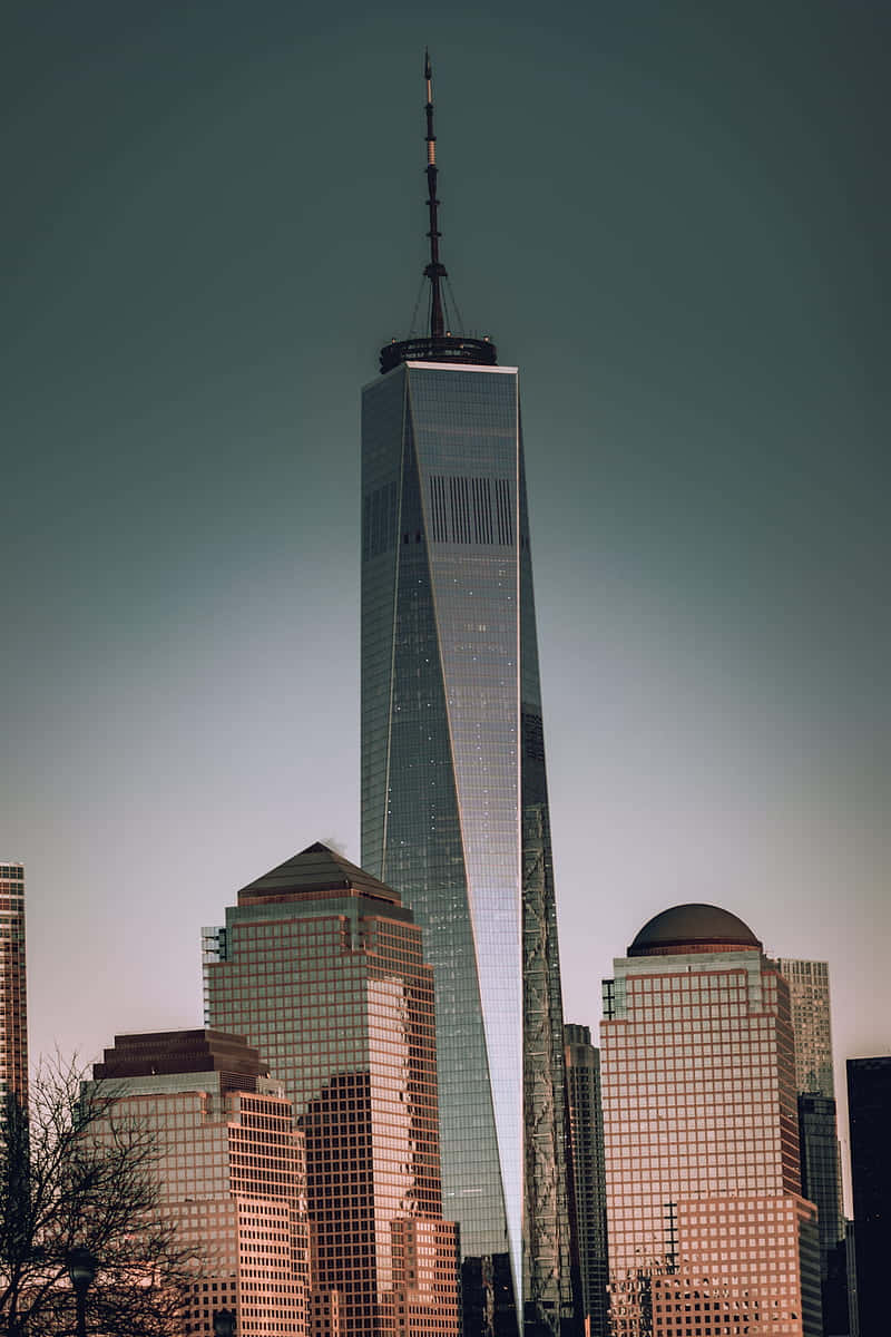 manhattan 桌布 壁紙 — 高聳的世貿中心一號大樓刺穿曼哈頓周圍摩天大樓上方柔和的天空，形成戲劇性的城市輪廓。