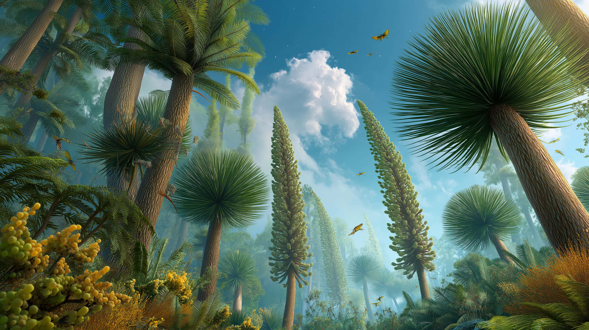 Jurassic Ferns 壁紙 — 高聳的古棕櫚樹和帶刺的蘇鐵在霧氣瀰漫的叢林中升起，上方是明亮的藍天，飄著蓬鬆的白雲和飛舞的昆蟲。