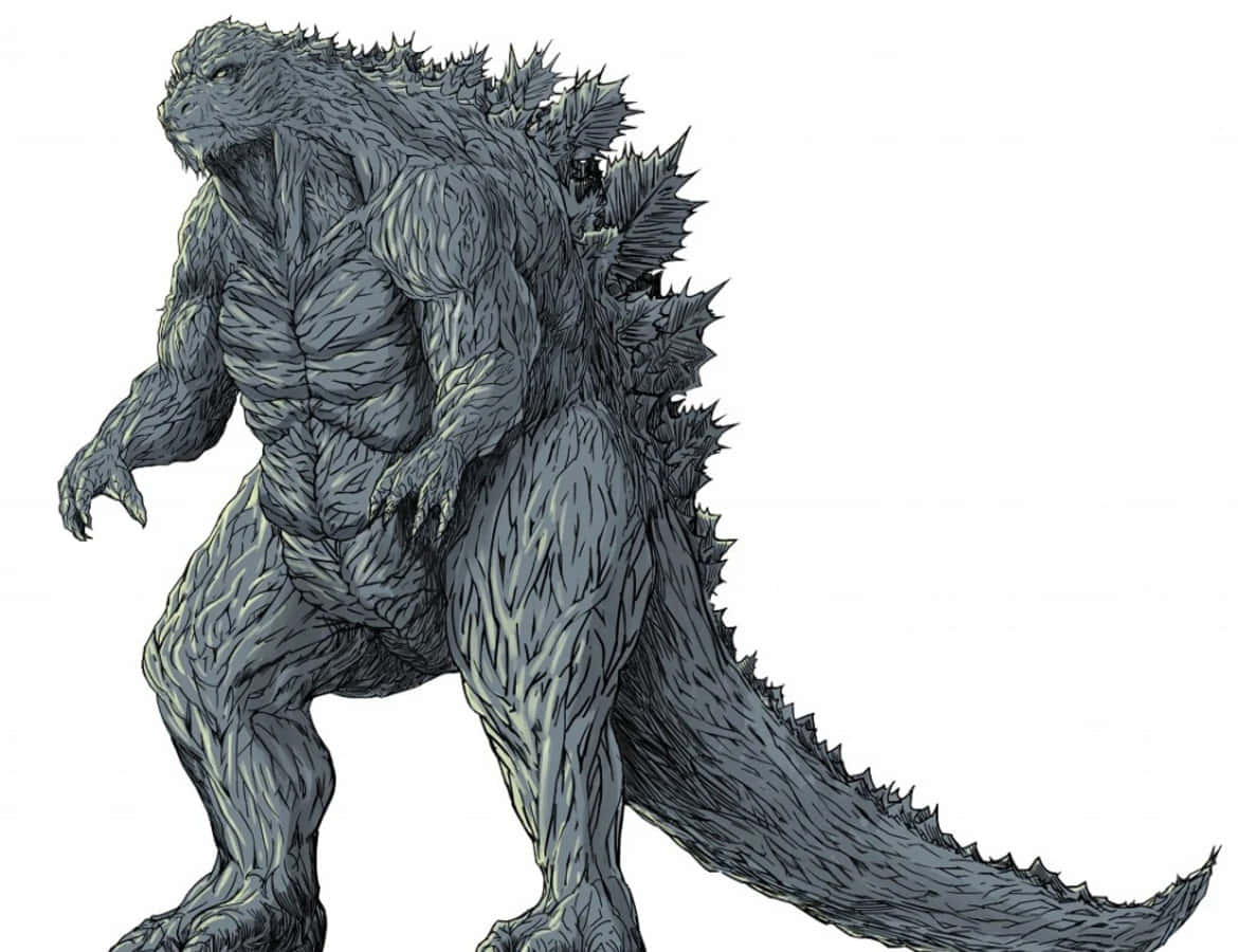 Godzilla Earth 桌布 壁紙 — 高聳的哥吉拉以動態姿勢站立，帶有紋理的灰色鱗片和標誌性的背鰭，背景為純白色。