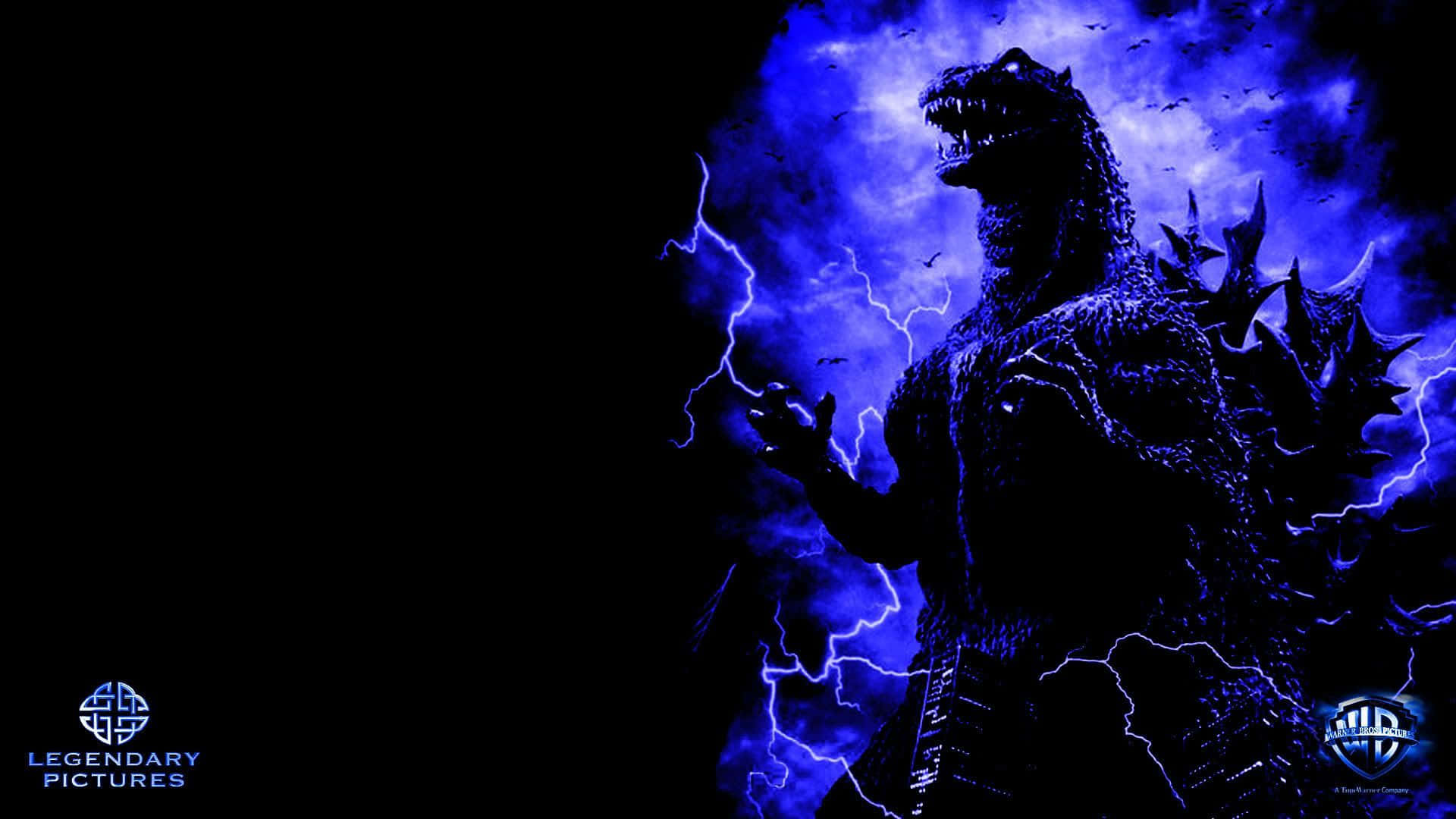 godzilla 1998 桌布 壁紙 — 高聳的哥吉拉剪影對著佈滿電光閃爍的暴風雨藍天咆哮。