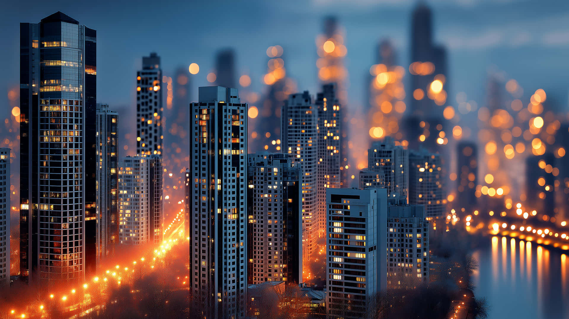 Urban Skyline with Illuminated Structures and Bokeh Light Trails 壁紙 — 高聳的摩天大樓在涼爽的藍色暮色天空下散發著溫暖的光芒，河面上的散景反射閃爍。