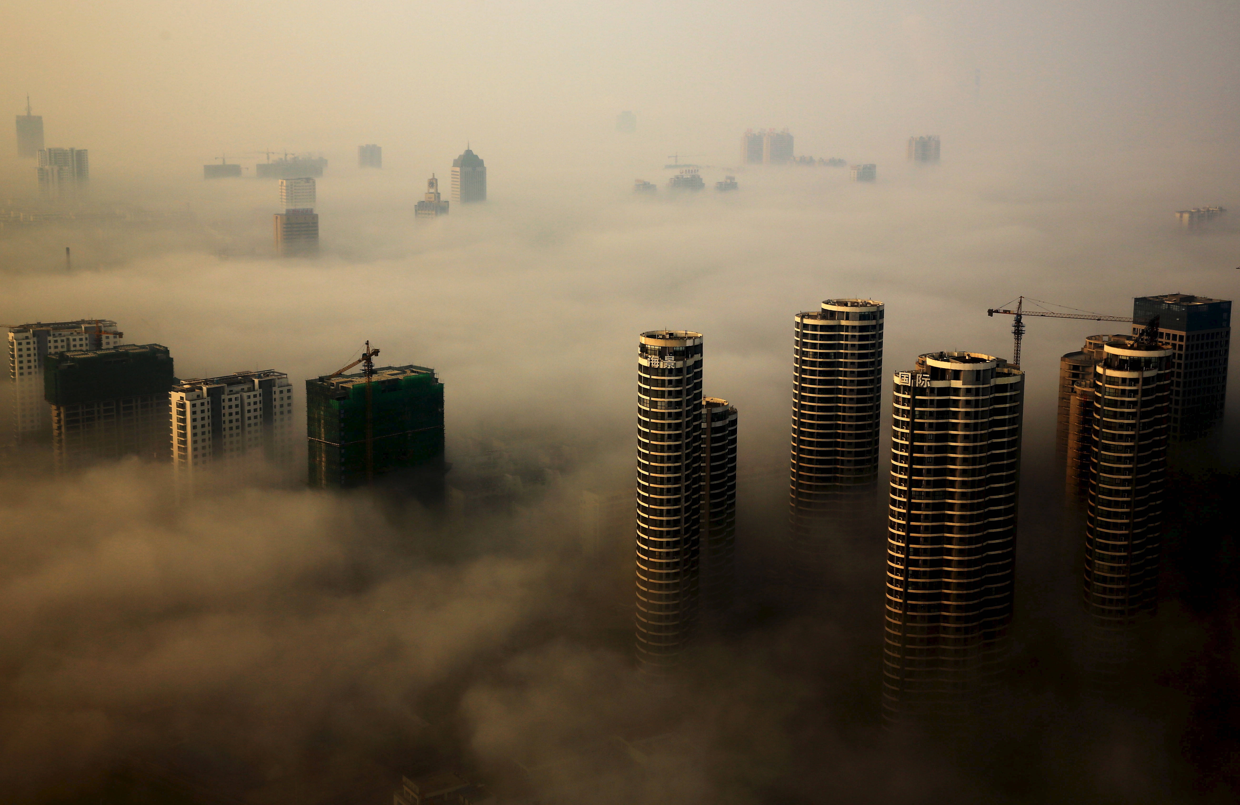 high rise 桌布 壁紙 — 高聳的摩天大樓在黎明時分穿透濃厚的金色霧毯，形成朦朧的城市天際線。