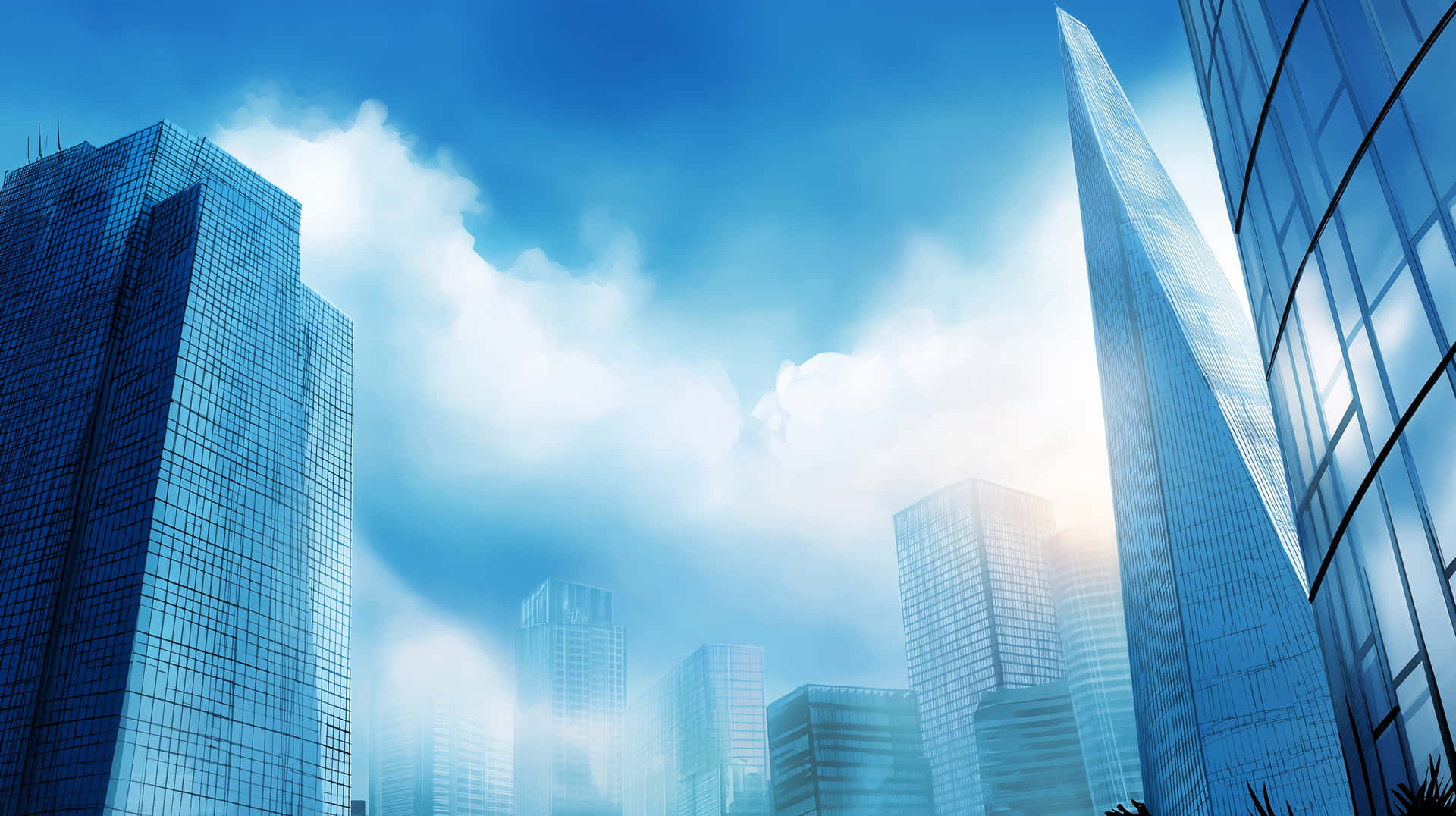Modern Skyscrapers Against Cloudy Sky, Business District View 壁紙 — 高聳的玻璃摩天大樓刺穿明亮的藍天，有蓬鬆的白雲和柔和的光線透過薄霧。