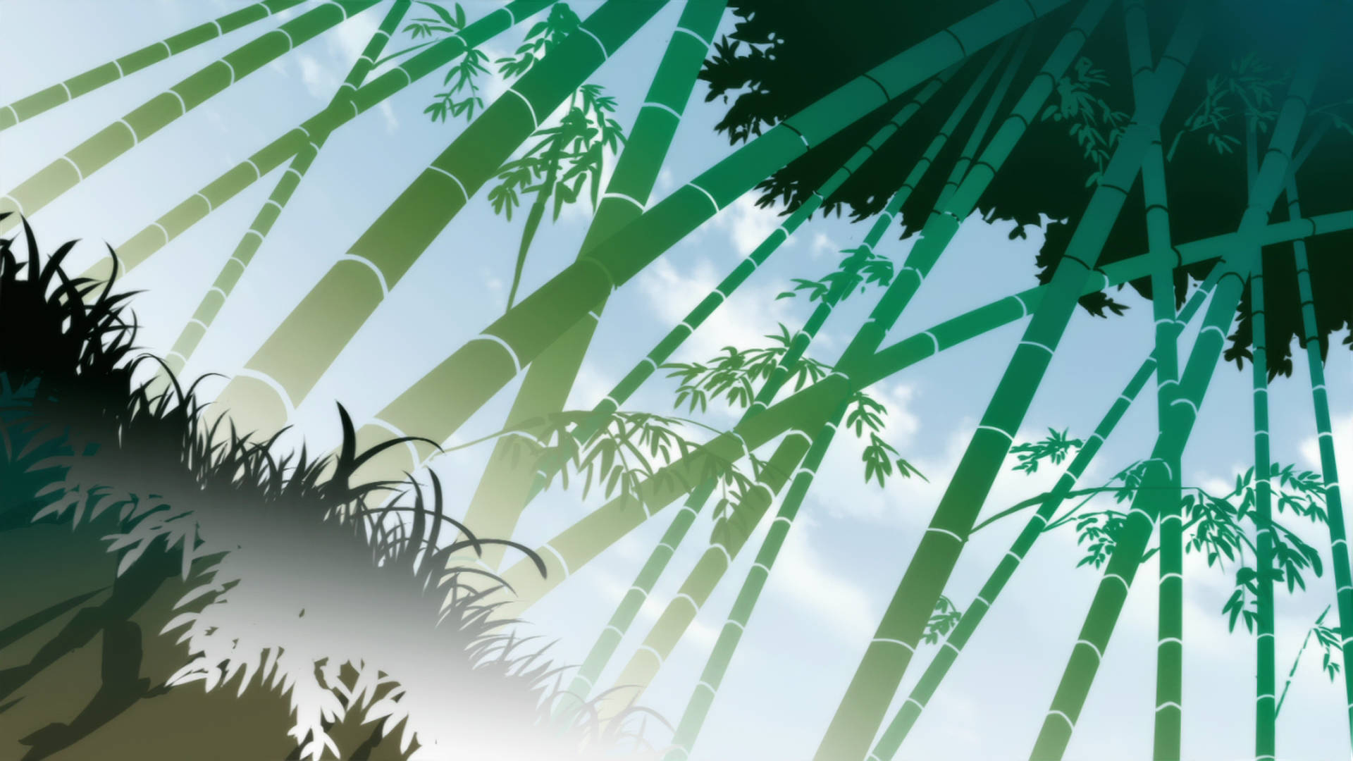 Bamboo HD 桌布 壁紙 — 高聳的綠色竹莖穿過明亮的天空向上伸展，天空中有柔軟的雲朵，底部有剪影般的草。