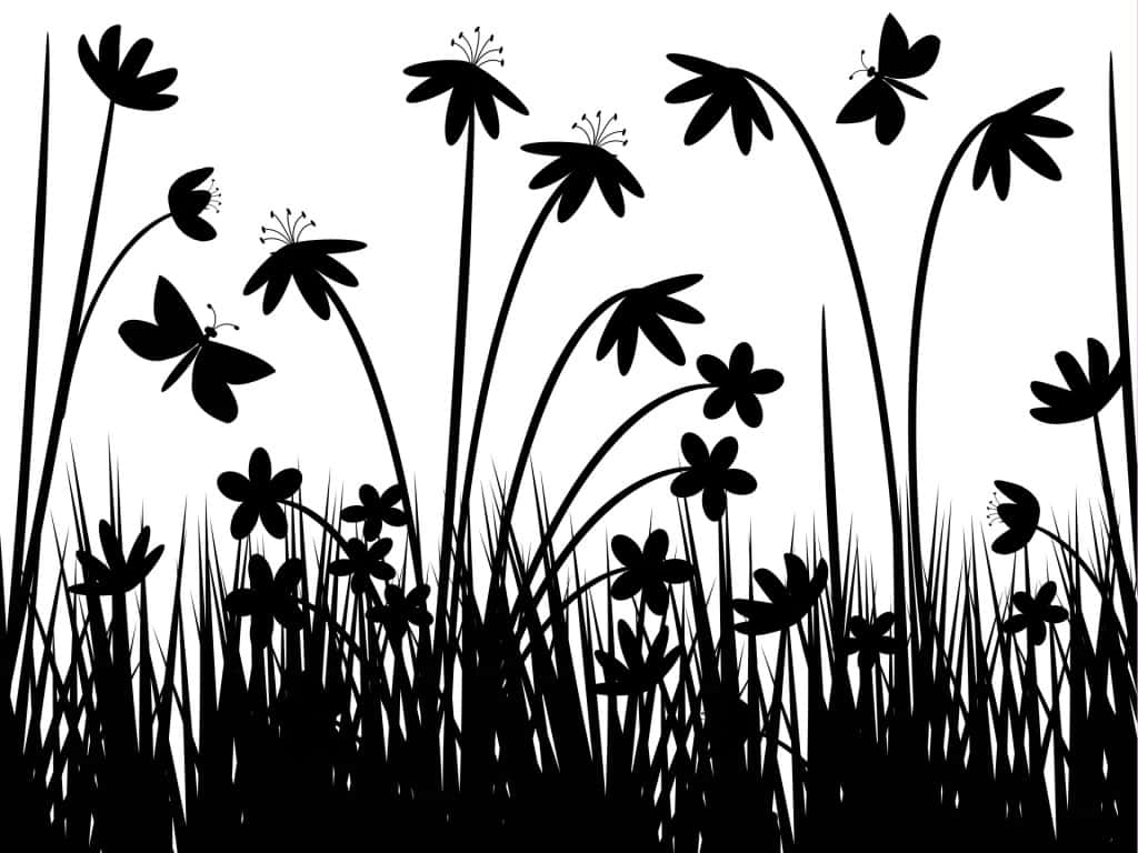 Beautiful Black And White 桌布 壁紙 — 高草花與蝴蝶的黑色剪影，襯以純白背景。
